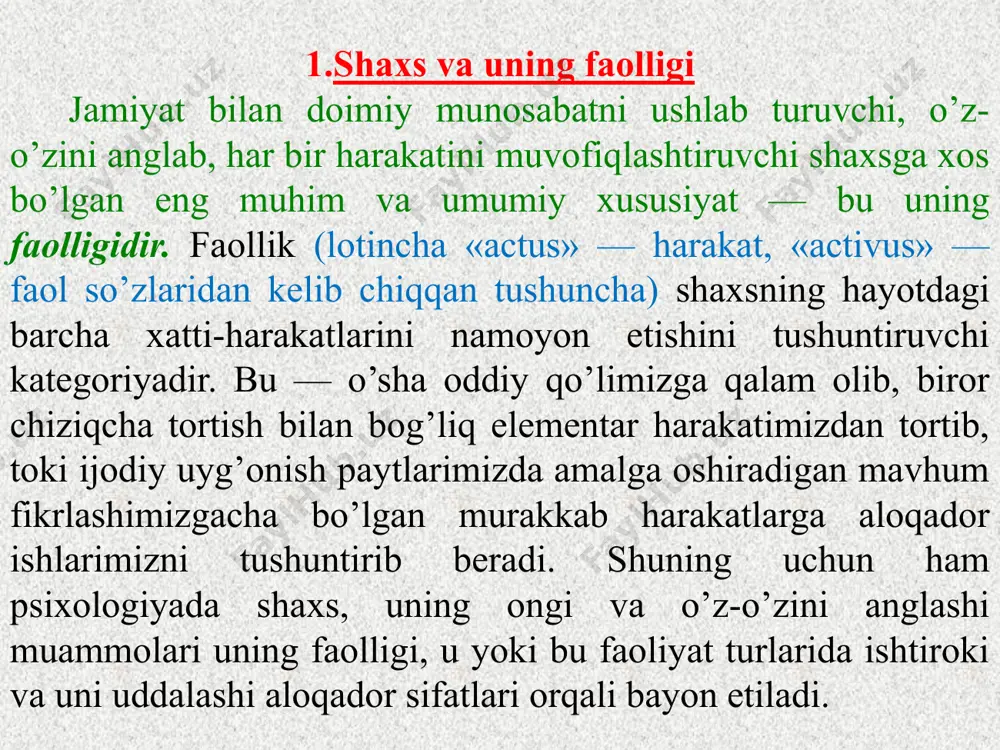 i predmetli faoliyatdan kelib chiqadi. dastlab predmetli tashqi faoliyat ro’y beradi, tajriba orttirib borilgan sari, sekin-asta bu harakatlar ichki aqliy jarayonlarga aylanib boradi. buni nutq faoliyati misolida oladigan bo’lsak, bola dastlabki so’zlarni qattiq tovush bilan tashqi nutqida ifoda etadi, keyinchalik ichida o’zicha gapirishga o’rganib, o’ylaydigan, mulohaza yuritadigan, o’z oldiga maqsad va rejalar qo’yadigan bo’lib boradi. har qanday sharoitda ham barcha harakatlar ham ichki-psixologik, ham tashqi-muvofiqlik nuqtai nazaridan ong tomonidan boshqarilib boradi. har qanday faoliyat tarkibida ham aqliy, ham jismoniy-motor harakatlar mujassam bo’ladi. masalan, uzum ko’chatini ortiqcha barglardan xalos etayotgan bog’bon harakatlari aqliy komponentlardan ham xoli emas, u qaysi bargning va nima uchun ortiqcha ekanligidan anglab, bilib turib olib tashlaydi. aqliy harakatlar — shaxsning ongli tarzda, ichki psixologik mexanizmlar vositasida amalga oshiradigan turli-tuman harakatlaridir. eksperimental tarzda shu narsa isbot qilinganki, bunday harakatlar doimo motor harakatlarni ham o’z ichiga oladi. bunday harakatlar quyidagi ko’rinishlarda bo’lishi mumkin: perseptiv — ya’ni bular shunday harakatlarki, …