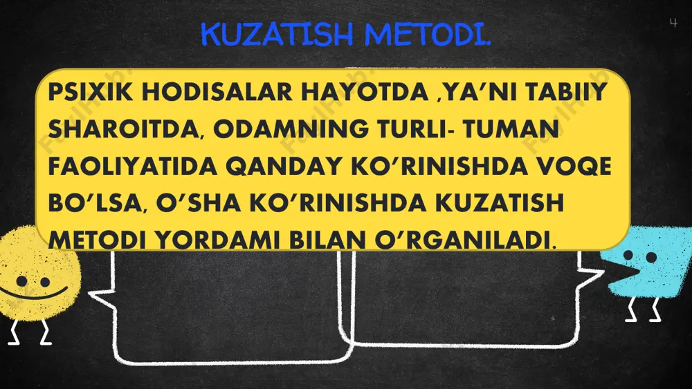 qo'g'irchoqni e'tiborsiz qoldirdi. agressiv holatga ega bo'lgan bolalar uchun konfederatsiya ko'p vaqt davomida qo'g'irchoqqa jismoniy tajovuz va baqirishga sarflagan. faoliyat natijasini o’rganish inson xotirasi, tafakkuri, qobiliyati va xayolining xususiyatlarini aniqlash maqsadida bu metod faoliyat psixologiyasida keng qo’llaniiadi. bolalar chizgan rasmlar, yasagan o’yinchoqlar, modellar, yozgan she’rlarini tahlil qilish orqali ularning mantiqiy xotirasi, tafakkuri, texnik, badiiy va adabiy qobiliyati, ijodiy xayoli yuzasidan materiallarni qo’llash mumkin. mazkur metoddan foydalanishda mahsulotni yaratgan shaxs bevosita ishtirok etmaydi. ob’ekt bilan sub'ekt o’rtasida muloqot o’matish uchun shaxsning psixikasi to’g’risida sirtdan ma'lum hukm, xulosa chiqariladi. 24 25 e’tiboringiz uchun raxmat!!! image2.png image3.png image4.png image9.png image14.png image24.png image25.png image16.png image17.png image18.png image19.png image20.png image21.png image22.png image23.png image11.png image12.png image13.png image10.png image5.png image6.png image7.png image8.png image26.png image27.jpg image15.png image28.jpg image29.jpg image30.jpg image1.jpg