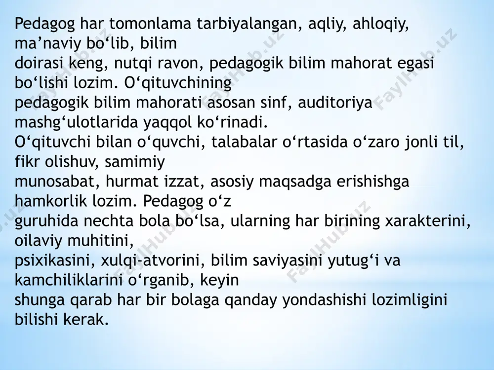 komissiyasining qarori; 5) rahbar buyrug‘i; 6) sud qarori. pedagoglar pedagogik nizo ishtirokchilariga pedagogik, pedagogik yordam ko‘rsata olish imkoniyatiga ham ega bo‘lishlari zarur. bu borada ko‘rsatiladigan yordam turlari quyidagilar sanaladi: pedagogik nizo sub’ektlariga ko‘rsatiladigan pedagogik-psixologik yordam turlari: maslahat berish; axborotli yordam ko‘rsatish; tashxislash; amaliy treninglar uyushtirish. axloqiy nizo-axloq ijtimoiy ong shakllaridan biridir, u muayyan jamiyatda yashovchi kishilar amal qilishi-shaxslarning bir-biriga, jamiyatga, xalq mulkiga, oilaga ishlab chiqarish vositalariga, muayyan tartibga solinadigan hatti harakatlarda tizimida ko‘rishimiz mumkin. guruhlararo ziddiyatlar - odamning o‘rtasidagi yoki shaxslararo munosabatlar asosan guruh sharoitida shaxs ma’lum insonlar davrasida, guruhda jamoada bo‘lgan taqdirdagina ro‘y beradi. guruhlararo ziddiyatlar guruh a’zolarida liderlarni ko‘rishimiz mumkin. lederlar: rasmiy va norasmiy bo‘ladilar, rasmiy lider o‘qituvchi tomonidan tanlangan guruh staristasidir, norasmiy lider boshqa guruhdagi shaxslarni o‘ziga jalb qila oladigan boshqalarni o‘ziga tortadigan shaxsdir. bunday holatlarda rasmiy va norasmiy rasmiy lider o‘rtasida nizo yuzaga keladi. xulosa qilib aytganda har bir mutaxassis o‘z kasbini mukamal darajada bilishi va …