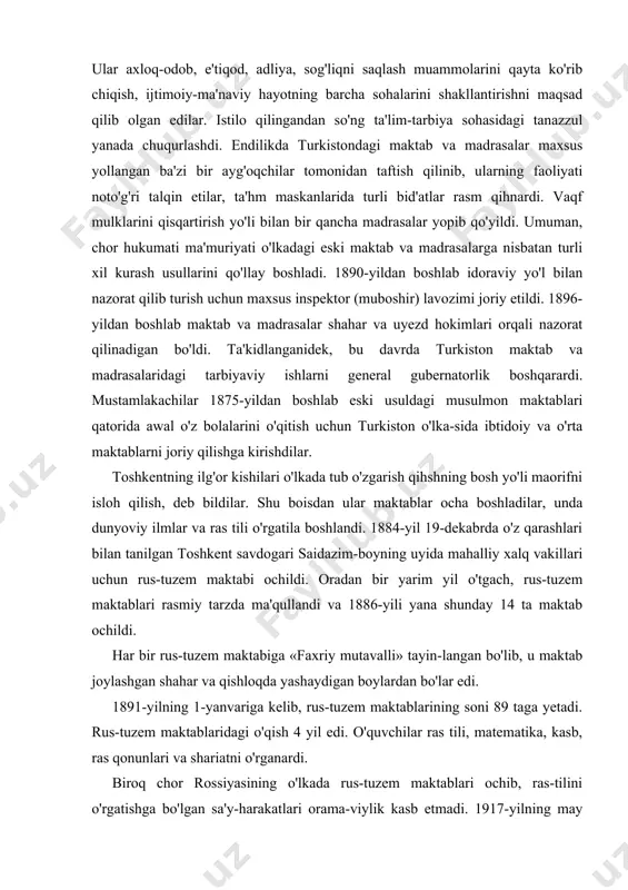 lliy idoralar va shahar boshqarmalaridan ajratilishi lozim, deyilgan edi. bu maktablarga raslashtirish vositasi deb qaralardi. ularga qarama-qarshi «yangi usul maktablari» tuzish dasturi olg'a surildi. bu maktablarda, asosan, turkiy til va ilohiyot o'rgatiladi. jadidlar harakati tarixning porloq sahifalaridan biri bo'lgan. agar jadidlar faoliyatiga nazar solsak, ular naqa-dar vatanparvar, fidoyi, o'z g'oyalarini himoya qilish yo'lida hatto o'z hayotini qurbon qilishga ham tayyor mard insonlar ekanligini ko'ramiz. ular millatni ilm-ma'rifatli qilish yo'lida tolmas kurashchi bo'lganlar. bu yo'l yangi yo'l bo'lib, milliy ta'limni yuksak cho'qqilarga olib chi-qishga qaratilgan edi. jadidlarning ijtimoiy tarbiya ishlarida alohida oqim bo'lib shakllanishi qanday yuz berdi? jadidlar harakati ijtimoiy tarbiya ishlarida alohida oqim sifatida xx asr boshlarida qrim, kavkaz va markaziy osiyoda shakllandi. jadidlar o'z siyosiy dasturini taniqli qrim-tatar siyosiy arbobi ismoilbek g'aspirali (gasprinskiy) (1851-1914) dan oldilar. ismoilbek yuqori aslzodalar oilasidan chiqadi. qrimda musulmon diniy maktabida, moskva kadetlar korpusida harbiy ta'lim oladi. turkiya va fransiya (2 yil yashagan) bo'ylab sayohat …