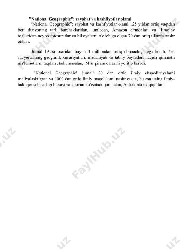 arga ta'sir ko'rsatadi. "national geographic": sayohat va kashfiyotlar olami “national geographic”: sayohat va kashfiyotlar olami 125 yildan ortiq vaqtdan beri dunyoning turli burchaklaridan, jumladan, amazon o'rmonlari va himoloy tog'laridan noyob fotosuratlar va hikoyalarni o'z ichiga olgan 70 dan ortiq tillarda nashr etiladi. jurnal 19-asr oxiridan buyon 3 milliondan ortiq obunachiga ega bo'lib, yer sayyorasining geografik xususiyatlari, madaniyati va tabiiy boyliklari haqida qimmatli ma'lumotlarni taqdim etadi, masalan, misr piramidalarini yoritib beradi. "national geographic" jurnali 20 dan ortiq ilmiy ekspeditsiyalarni moliyalashtirgan va 1000 dan ortiq ilmiy maqolalarni nashr etgan, bu esa uning ilmiy-tadqiqot sohasidagi hissasi va ta'sirini ko'rsatadi, jumladan, antarktida tadqiqotlari. 📌xulosa машҳур нашрларнинг таъсири жуда катта бўлиб, жамиятга муҳим ахборот етказиш, фикр алмашиш ва маданиятни ривожлантиришда муҳим роль ўйнайди. уларнинг сифати ва обрўси жамоатчилик фикрини шакллантиришда ҳал қилувчи аҳамиятга эга. 📚foydalanilgan adabiyotlar 1. "mashhur nashrlar" haqida ma'lumot beradigan manbalarni topish uchun google scholar yoki boshqa ilmiy ma'lumotlar bazalaridan foydalaning. 2. "eng …