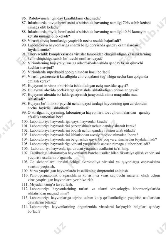 0. viruslarni tasniflashda krintogarmmani taklif etgan olim kim? 0. viruslarning sitopatogen ta’sirini qayerda ko‘rish mumkin? 0. patologik material tarkibiga qo‘shiladigan antibiotiklar qaysi? 0. ushbu serologik reaksiyalarning qaysi biri to‘g‘ri? 0. magnitli aralashtirgich, qaysi maqsadda ishlatiladi? 0. gemagglyutinasiyayolash qobiliyatiga qaysi viruslar ega? 0. yuqtirilgan virusning patogenlik darajasi qaysi paytda ortadi? 0. yuqtirilgan virusning patogenlik darajasi qaysi paytda kamayadi? 0. paramiksoviruslar qanday kasallik chaqiradi? 0. koronaviruslar qanday kasalliklarni chaqiradi? 0. retroviruslar qanday kasalliklarni chaqiradi? 0. rabdoviruslar qanday kasalliklarni chaqiradi? 0. inkubatorda, tovuq homilasini o‘stirishida havoning namligi 70% oshib ketishi nimaga olib keladi? 0. inkubatorda, tovuq homilasini o‘stirishida havoning namligi 40-% kamayib ketishi nimaga olib keladi? 0. virusni tovuq homilasiga yuqtirish necha usulda bajariladi? 0. laboratoriya hayvonlariga shartli belgi qo‘yishda qanday eritmalardan foydalanamiz? 0. chorvachilik komplekslarida viruslar tamonidan chaqiriladigan kasalliklarning kelib chiqishiga sabab bo‘luvchi omillari qaysi? 0. virionlarning hujayra yuzasiga adsorbsiyalanishida qanday ta’sir qiluvchi kuchlar mavjud? 0. virionlarda superkapid qobiq nimadan hosil bo‘ladi? …