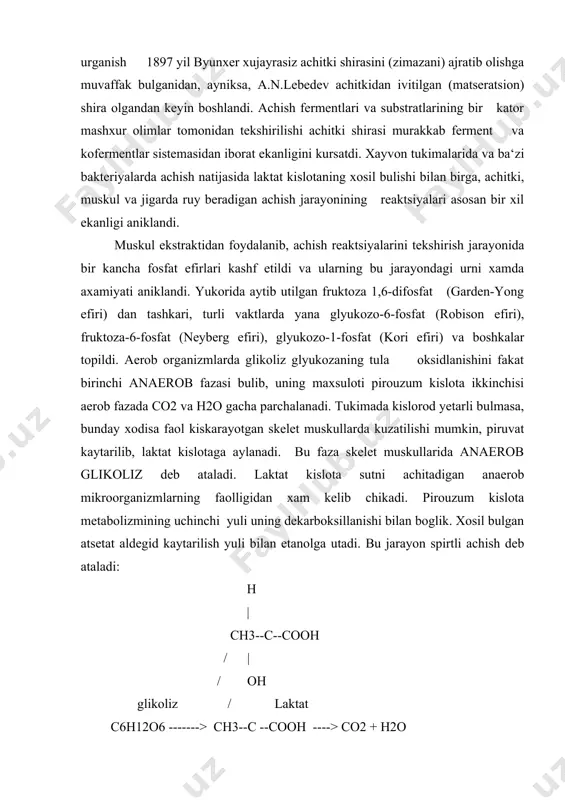 ida juda tez uzlashtiriladi. glyukozaning glikogen yoki glyukozadan boshlanib, ikki molekula pirouzum kislota va atf molekulalarining xosil bulishi bilan tugaydigan anaerob parchalanishi glikoliz deb ataladi. glikoli ( yunoncha glykys--shirin va lysis -- parchalanish suzlaridan olingan) xujayra metabolizmi jarayonlari orasida eng yaxshi urganilganidir. glikoliz aksari organizmlarda markaziy metabolik yullardan biridir. 1930 yilning urtalarigacha muskul va jigarda uglevodlar almashinuvi fakat glyukozadan boshlanadi deb xisoblanar edi. ammo ya.o.parnasning mashxur ishlari tufayli muskullarda bu jarayon, asosan, glikogenning fosfat kislota biriktirib parchalanishi -- fosforilizdan boshlanishi kashf etilgandan sung fangga kiritildi. u glyukoza katabolizmining asosiy yuli sifatida deyarli universaldiri: glyukoza bu yul bilan xayvon va usimlik xujayralarida emas, balki kupchilik mikroorganizmlarda xam parchalanadi. glikogen metabolizmining umumiy modda almashinuvidagi moxiyati shundan iboratki, u organizm uchun ma‘kul sharoitda tuplanadi, glyukozaga extiyoj tugilganda parchalanadi.glikogen sintezida va parchalanishida mustakil fermentlar sistemasi ishtirok etganidan bu ikkala jaraen xam ayni sharoitda xujayraning talabiga muvofik aloxida yul orkali boshkariladi. glikogen metabolizmining reaktsiyalari barcha …