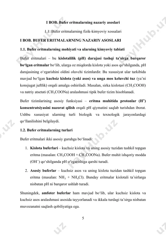 ni chuqur o‘rganish zaruriyatini ilmiy asoslaydi. 1.2. bufer tizimlarning turlari: kislota–asos va asos–kislota buferlari bufer eritmalar — bu maxsus tayyorlangan kimyoviy tizimlar bo‘lib, ular muhitga kuchli kislota yoki asos oz miqdorda qo‘shilgan taqdirda ham ph darajasini barqaror saqlab qolish xususiyatiga ega. bunday tizimlar tarkibida odatda kuchsiz kislota (yoki kuchsiz asos) va uning tuzi bo‘ladi. bufer eritmalar quyidagi asosiy ikki turga bo‘linadi: kislota buferlari va asosiy (ishqoriy) buferlar. 1.2.1. kislota bufer tizimlari kislota bufer tizimi — bu kuchsiz kislota va uning kuchli asos bilan hosil qilgan tuzidan tashkil topgan eritma bo‘lib, u ishqor qo‘shilganda ph ning keskin o‘zgarishiga qarshi turadi. kislota buferlar ishqoriy ta’sirlarga qarshi barqarorlikni ta’minlaydi. kislota buferining tarkibi va misollar: eng mashhur kislota buferlardan biri — sirka kislotasi (ch₃cooh) va natriy atsetat (ch₃coona) aralashmasidir. ch₃cooh⇌ch₃coo−+h+\text{ch₃cooh} \rightleftharpoons \text{ch₃coo}^- + \text{h}^+ch₃cooh⇌ch₃coo−+h+ ushbu tizimga naoh (ishqor) qo‘shilganda, oh⁻ ionlari ch₃cooh bilan reaksiyaga kirishadi: ch₃cooh+oh−→ch₃coo−+h₂o\text{ch₃cooh} + \text{oh}^- \rightarrow \text{ch₃coo}^- + \text{h₂o}ch₃cooh+oh−→ch₃coo−+h₂o natijada, muhitda …