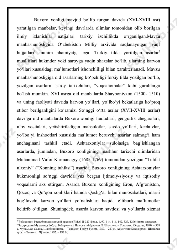 ublikasi milliy mustaqillikni qо‘lga kiritgandan sо‘ng ham davom ettirilgan asar va ilmiy izlanishlarda qisman yoritilgan. ammo, о‘rganilgan tadqiqotlarda karvon yо‘llari va ularda xizmat kо‘rsatish tartiblari yaxlit holda, kompleks bayon qilinmagan bо‘lib, yо‘nalishlarning ayrimlariga kо‘proq urg‘u berilgan yoki qisman tо‘xtalib о‘tilgan xolos. 2. yо‘l bо‘yi inshootlarining buxoro xonligi karvon yо‘llarida xizmat kо‘rsatishidagi yо‘nalish tarmoqlari va ahamiyati aytish joizki, buxoro xonligi karvon yо‘llarida kо‘rsatiladigan xizmatlar orasida yо‘lbо‘yi inshootlari о‘ziga xos о‘rin tutgan. bu davrda karvonsaroy, rabot, kо‘priklar, xonlikning dasht va chо‘l hududlarida quduq, hovuz va sardobalar bunyod etish davlat siyosatining yetakchi bо‘g‘inlaridan biri edi. xvi asrda dengiz yо‘li ahamiyatining oshishi bilan buxoro xonligining xalqaro maydondagi muhim iqtisodiy ahamiyati ma’lum ma’noda pasaydi. xalqaro tranzit yо‘llaridagi savdo munosabatlari susayib, mintaqaviy, ichki (lokal) karvon yо‘llarining ahamiyati oshdi. xvi-xvii asr mobaynida farg‘ona vodiysidagi aloqa yо‘llari kо‘p tarmoqli bо‘lib, qо‘qon, quva, marg‘ilon, namangan, andijon, о‘sh, xо‘jand savdo yо‘llarining asosiy bо‘g‘inini tashkil etgan.farg‘ona vodiysi shaharlari toshkent orqali yettisuvdagi …