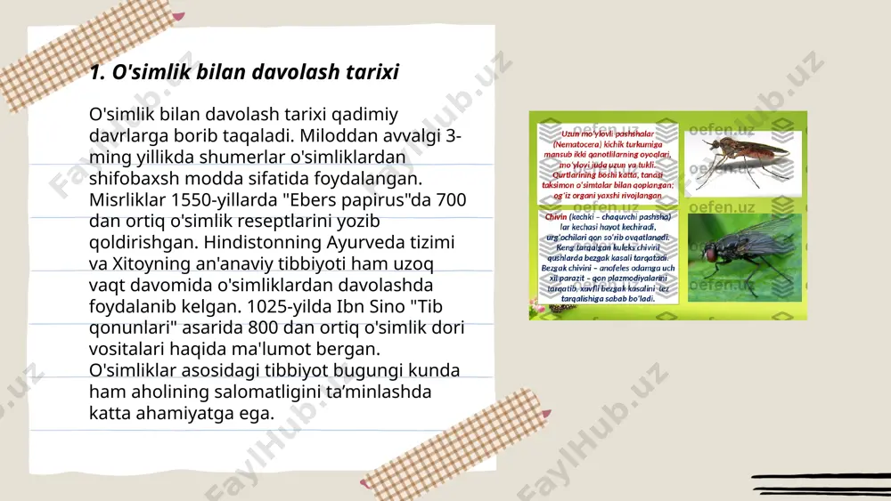 ar tayyorlash uchun odatda 10-12 xil o'simlik turi tanlab olinadi. har bir o'simlik ma'lum sharoitlarda, masalan, 40-50 °c haroratda quritilishi kerak. olingan preparatlarning samaradorligi va xavfsizligini ta'minlash uchun sifati nazorat qilinadi. tajriba ko'rsatishicha, tayyor preparatlar 70-80% hollarda kerakli terapevtik ta'sirga ega bo'ladi. preparatlar saqlash muddati 6-12 oy orasida bo'lishi mumkin. ochlik bilan davolash turgʻunboyev murodil e'tiboringiz uchun raxmat! image1.png image2.png image3.png image4.png image5.png image6.png /docprops/thumbnail.jpeg