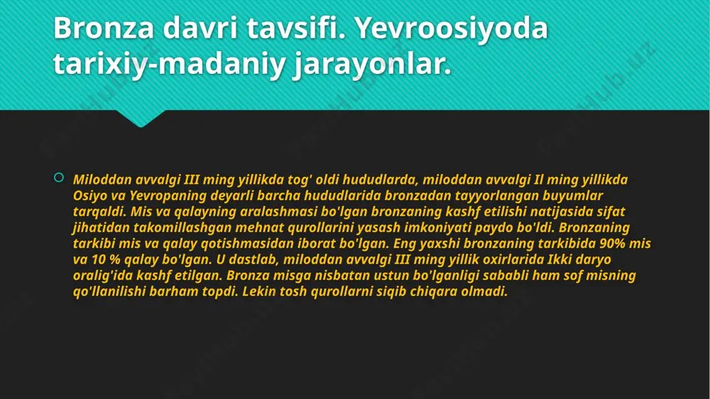 rining hududi kengayib bordi. o'rta osiyo janubining bronza davri yodgorliklariga oltintepa, nomozgohtepaning iv-vi qatlamlari, va anov iii yodgorliklari kiradi. mazkur madaniyatlar miloddan avvalgi iii ming yillikning ikkinchi yarmi va ii ming yillikka mansubdir. o'rta osiyo janubi- g'arbida bronza madaniyatining ikki bosqichini ko'rsatish mumkin: 1. mahalliy o'troq dehqonchilikmadaniyatining ancha rivojlanib, qadimgi sharqning ilg'or madaniyatlariga yaqinlashganligi;2. o'rta osiyo janubi-g'arbi bronza davrining tushkunlik davri. yevroosiyo shimoliy hududlari bronza davrida yevroosiyo cho'llarida mazkur mintaqaga xos xoʻjalik shakli rivojlandi. bu davrda cho'l mintaqasi barcha hudularining muntazam aloqalari yo'lga qo'yildi. bunga bir qator omillar ijobiy ta'sir ko'rsatdi.1. aravaning kashf etilishi va chavandozlikning vujudga kelishi. 2. chorvachilikda qayta ishlab chiqarishning tez vaqt davomida amalga oshirilishi.3. metallurgiyaning rivojlanishi. 4.lalmikor dehqonchilikning vujudga kelishi. dehqonchilik va chorvachilik biqiqlik muhitidan chiqdi. 5.bronzadan yasalgan mehnat qurollarining paydo bo'lishi va xo'jalikda keng qo'llanilishi. xx asrning 70-yillarida janubiy uralning dasht qismida va rossiyaning chelyabinsk viloyatida sintashtin va arkaim arxeologik majmualari topildi. mazkur arxeologik majmualar …