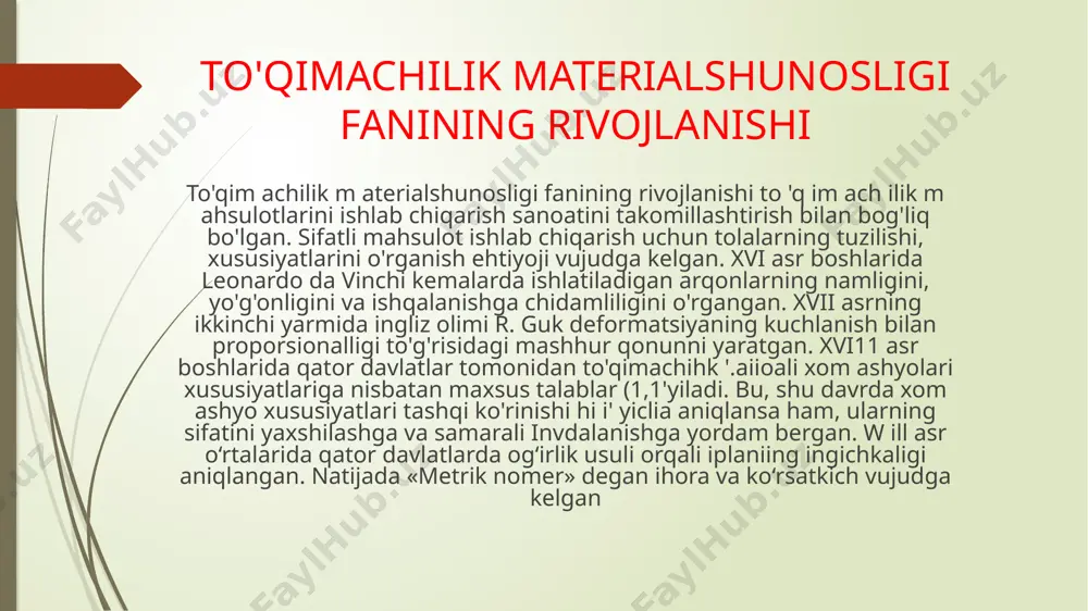 boshlangan. xix asrning ikkinchi yarmidan boshlab rossiya oliy o ‘quv yurtlarida to'qimachilik materiallarining sifatini aniqlash uchun sinash laboratoriyalari tashkil etilgan. moskva universitetining professori m.ya. kittari va moskva oliy texnika o‘quv yurtining professori s.a. fyodorovlar shu laboratoriyalarga rahbarlik ililishgan. xix asrda nemis olimi i. bom jun tolasining, ingliz olimi (). neyl paxta tolasining xususiyatlarini tahlil qilishadi. xix asrning 80-yillarida nemis olimi e. myuller har xil turdagi iplarning mustahkamligini, namligini, tolalarning uzunligini aniqlash bo'yicha asboblarni takomillashtirgan va hisoblash tenglamalarini yaratgan. bu tenglamalardan bugungi kunda ham foydalanilmoqda. oxirgi yillarda xalqaro savdo birjalarida paxta sifatini baholash bo'yicha aqshda ishlab chiqarilgan hvi-nazorat oichov tizimi ishlatilmoqda. bu tizim «moushn kontrol» va «spinlab» firmalari tomonidan yaratilgan. o'zbekistonda «sifat» boshqarmasi bir qancha hvi-tizimi bilan ta'minlangan. ekspoitga jo'natiladigan paxta tolasi shu xalqaro tizim bilan baholanmoqda. to'qimachilik iplarining yo'g'onligi bo'yicha notekisligini va mustahkamligini aniqlash uchun shvyeysariyaning uster shahridagi «selveger» firmasi tomonidan yaratilgan asboblar majmuasi dunyoning ko'p davlatlarida ishlatilmoqda. shu firmaning …