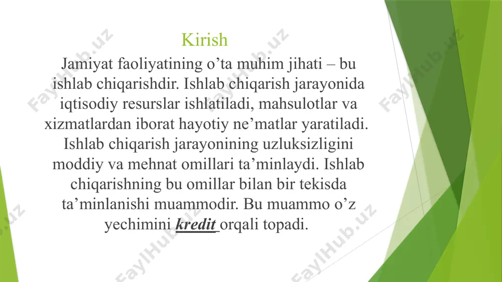 n mo’ljallangan qo’shimcha mablag’lar; 5.shaxsiy sektor daromadlari, jamg’armalari va boshqa bo’sh pul mablag’lari. kredit munosabatlarining zaruriy elementlari 1-jadval kredit tarkibi kredit sub’ekti kreditor qarz oluvchi kredit ob’ekti qarzga berilgan qiymat yo’nalishi kreditning harakat bosqichlari - kreditning berilishi; – kreditni qarz oluvchi tomonidan uning vaqtinchalik ehtiyojlarini qondirish uchun olinishi; – kreditningishlatilishi; qarz oluvchi xo’jaligida olingan qiymatning aylanishi tugallanishini resurslarning aylanishidan chiqarilishi; – kreditni qaytarish; – kreditning qaytib kelishi, foizbilan. korxonalarning bozor iqtisodiyoti sharoitida ish yuritishida ishlab chiqarish jarayonining uzluksizligini ta’minlash, korxonaning asosiy va aylanma fondlarining doiraviy aylanishining to’xtab qolishiga yo’l qo’ymaslik, korxonalarni moliyaviy resurslar bilan ta’minlash, korxonalar tomonidan tovar mahsulotini sotganda sotilgan tovar uchun to’lov summasini olish obyektiv va subyektiv sabablar tufayli kechiktirilgan holda kreditning zarurligi kelib chiqadi. 2. kreditning funksiyalari har qanday iqtisodiy kategoriya o’zining funktsiyalariga ega bo’lgani kabi kredit ham o’zining bir qator funktsiyalariga ega. ijtimoiy-iqtisodiy tizimda kreditning o’rni va roli u bajarayotgan funktsiyalari bilan aniqlanadi. kreditning funktsiyasi – …