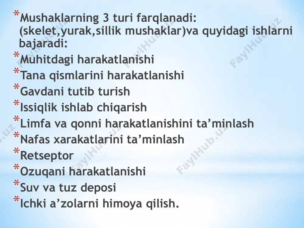 ni olib turadi. bunday ta’sirotlarga muskul kuchliroq va uzoqroq qisqaradi. bunday qisqarishni tetanik qisqarish yoki tetanus deb ataladi. muskullarning tetanik qisqarishlari yakka qisqarishlarining qо‘shilib ketishi yoki summatsiyasi natijasidir. ta’sirotlar chastotasi bir qadar kamroq bо‘lsa, tishli tetanius kelib chiqadi, chastota katta bо‘lsa, silliq tetanus hosil bо‘ladi. yakka qisqarishlarning impul`slar chastotasi ortishi bilan tishli va silliq tetanusga о‘tishi. muskullarda qiskarishlarni yuzaga chiqarishda kuchiga kо‘ra bо‘sag‘a osti, bо‘sag‘a va bо‘sag‘a usti ta’sirot turlari mavjud. kо‘ngdalang – targ‘il muskullar miya stvoli va orqa miyadagi motoneyronlar tomonidan nervlanadi. bu neyronlarning aksonlari shoxlanib, bir nechta muskul tolasiga yetib keladi va ularda mioneyronal sinapslar hosil qiladi. bir motoneyron va u nervlaydigan muskul tolalari majmuasi harakat birligini tashkil qiladi. masalan, odam kо‘z soqqasi muskullarida harakat birligi 10 toladan kam, qо‘l barmoqlari muskullarida – 10-15 toladan iborat, boldir muskullarida har bir harakat birligi 2000 va undan kо‘p tolalardan tashkil topgan. bundan kо‘rinadiki, muskul bajaradigan harakatlar qanchalik aniq va uyg‘un …