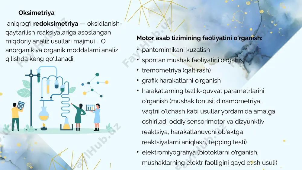 yo'q qilish usuli qo'llaniladi: hayvon elektr tokining devorini (masalan, pedalni bosib) yopib, tirnash xususiyati yuborib, zanjirni loyqalashni to'xtatish imkoniyatini oladi. d. alds tomonidan hayvonlarning gipotalamik mintaqasida birinchi marta ijobiy va salbiy emotsiogen zonalar - "pleasure", "agressiya" va boshqalar aniqlandi stereotaktik usul markaziy asab tizimining funktsiyalarini o'rganishning elektrofizyologik usullaridan keng foydalanish elektrodlarni stereotaktik kiritish usulini ishlab chiqishga yordam berdi. bu usul nafaqat eksperimental va diagnostika maqsadlari bilan miyaga elektrodlarni yuqori aniqlik bilan kiritish imkonini beradi, balki davolash maqsadida ultratovush, lazer yoki rentgen nurlari bilan alohida tuzilmalarga ham ta'sir qiladi, shuningdek neyroxirurgik operatsiyalarni amalga oshiradi markaziy asab tizimini o'rganishning elektrofizyologik usullari miyaning passiv va faol elektr xususiyatlarini tahlil qilishni o'z ichiga oladi. miyaning mato orqali o'tadigan passiv elektr tokiga (reoensefalografiya usuli) qarshilik ko'rsatish xususiyatlari aks etadi miyada faol bioelektrik jarayonlarni o'rganish asosan quyidagilarni o'z ichiga oladi: miyaning umumiy elektr faoliyati (elektroensefalografiya); miya salohiyati alohida nerv hujayralarida yuzaga keladigan elektr jarayonlari image1.png image2.svg …