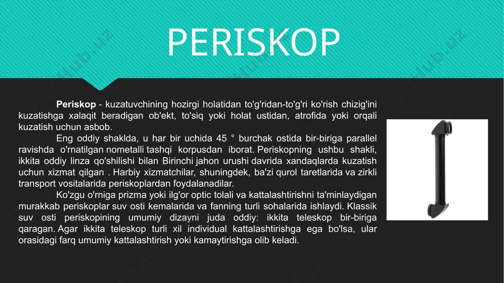 opni patentlashga uringanini da'vo qilgan: u badiiy asarlarida periskop yordamida suv osti kemasini tasvirlab bergan. ba'zi hollarda miltiqlarga o’rnatilgan periskoplar 1-jahon urushida askarlarga xandaqlarning tepalarini ko'rishga imkon berish uchun xizmat qilgan va shu bilan dushman o'ti (ayniqsa snayperlar) ta'siridan qochishgan. periskop miltig’i urush paytida ham qo'llanilgan - bu periskop yordamida ko'rilgan piyoda miltig'i edi, shuning uchun otuvchi qurolni xandaq parapeti ostidagi xavfsiz joydan nishonga olishi mumkin edi. ikkinchi jahon urushi paytida artilleriya kuzatuvchilari va ofitserlari maxsus ishlab chiqarilgan periskop durbinlaridan foydalanganlar. ulardan ba'zilari, shuningdek, stereoskopik masofa o’lchagich sifatida ishlab chiqilganligi sababli nishongacha bo'lgan masofani hisoblash imkonini berdi. dastlabki misollar teleskop - bu uzoqdagi ob'ektlarni elektromagnit nurlanishning tarqalishi, yutilishi yoki aks etishi orqali kuzatish uchun ishlatiladigan qurilma . dastlab uzoq ob'ektlarni kuzatish uchun linzalar , kavisli nometall yoki ikkalasining kombinatsiyasidan foydalanadigan optik asbobni anglatadi, endi teleskop so'zi elektromagnit spektrning turli mintaqalarini aniqlashga qodir bo'lgan keng doiradagi asboblarni anglatadi va ba'zi hollarda …