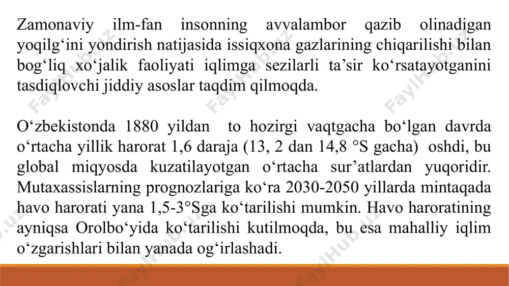 ham sun'iy yo‘l bilan qo‘shiladi. metan, azot oksidi kabi boshqa iflos gazlar havoga inson omili tufayli chiqarilib, bular bir butun issiqxona effekti darajasini belgilaydi. image2.png image3.png image4.png image5.png image6.png image7.png image8.png image9.png image10.png image11.png image12.png image13.png image14.png