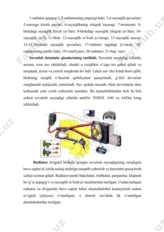 podshipniklarga salniklar o’rnatilgan. ventilyator radiator orqali o’tuvchi havo oqimini ko’paytirish uchun xizmat qiladi. unda ikkita, to’rtta va oltita kurakcha bo’ladi. shovqinni kamaytirish uchun kurakchalar x simon juft-juft qilib, 70 va 110 burchak ostida joylashtiriladi. kurakchalar po’lat listdan yoki plastmassadan yasaladi. ventilyator va suyuqlik nasosi tirsakli val shkividan tasma yordamida harakatlanadi. termostat - sovuq dvigatelni qizdirishni tezlatib, sovutish g’ilofidagi suyuqlik haroratini o’z-o’zidan rostlab, uni belgilangan haroratini ta’minlab turish uchun xizmat qiladi. termostatlar ikki xil bo’ladi: suyuqlik yoki qattiq to’ldirgichli termostatlar. 2. termostat va uning turlari termostat - avtomatik klapan bo’lib, sovuq dvigatelning yurgizilganda uning tez qizishiga imkon yaratish bilan radiatordan o’tayotgan suyuqlik miqdorini rostlab sovitish tizimida optimal haroratni saqlashda xizmat qiladi.[footnoteref:1] [1: a.muxitdinov va boshqalar. avtomobillar. konstruktsiyasi asoslari. “istiqilol nuri” nashriyoti. t.:2015yu 332 bet. ] bunday termostat qalin devorli ballonga ega bo’lib ichiga, kengayish xajmi katta bo’lgan serezin (neftyannoy vosk) aralashtirilgan mis kukuni to’ldiriladi. qalin devorli ballon rezinali diafragma bilan yopilgan. …