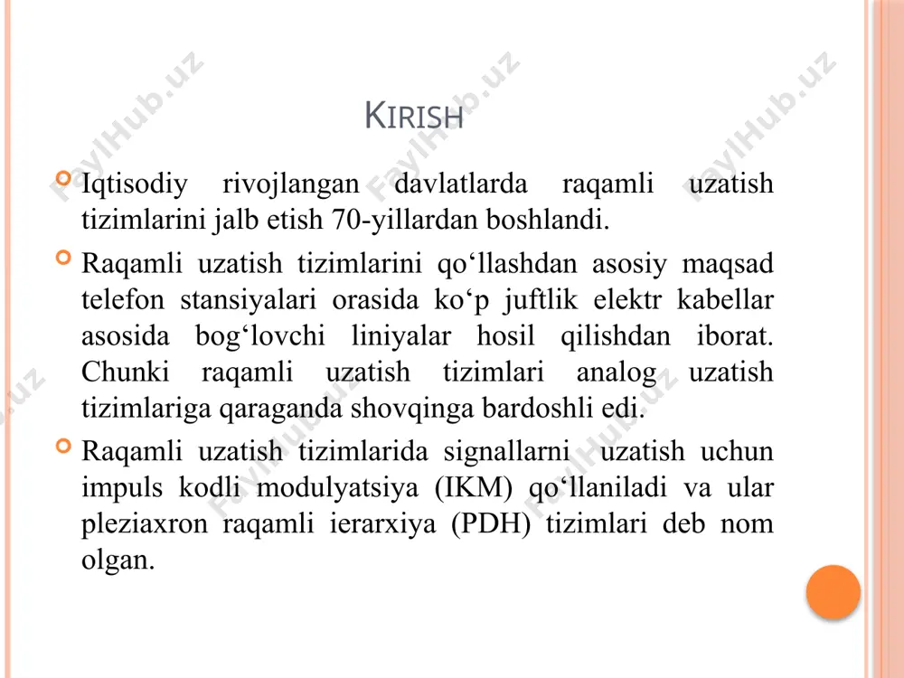 va magistral aloqa tarmoqlarida kabellarni 1,2/4,6 mm juftli mkt-4 kabeli yordamida aloqani tashkil qilish uchun mo'ljallangan. apparaturaning guruhli oqimisini uzatish tezligi 34368 kbit/s bo'lganda 480 tagacha t4 kanalini tashkil qiladi. ikm-480 uzatish tizimining texnik ko'rsatkichlari: 1. diametri 1,2/4,6 mm bo'lgan mkt-4 kabelida ishlaydi. 2. ichki zona tarmoqlarida va magistral tarmoqlarda ishlaydi. 3. uzatish tezligi - 34368 kbit/sek (34 mbit). 4. tch kanali bo'yicha qayta qabul qilish uzunligi — 250 km. 5. xizmat ko'rsatiladigan regenerasion punktlar orasi — 200 km. 6. xizmat qilinmaydigan regenerasiya punktlari orasi — 3 km. 7. xkrp lar orasidagi xqrp lar soni - 66 tagacha. 8. ishlatiladigan kod-kvp-3 yoki miqa. 9. distansiya ta'minoti kuchlanishi — 1300 v, 200 ma tokda. amaliyotda ikm – 480, ikm 1920 uzatish ti-zimlari keng qo‘llaniladi. plezioxron raqamli ierarxiyaning kamchiliklari - birinchi va boshqa sathdagi raqamli oqimlarni birlashtirishda tezliklarni sozlash uchun qo‘shimcha bitlar qo‘llaniladi. - pdh tizimlarida yuqori tezlikli raqamli oqimdan past tez-likli …