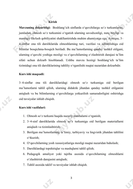 kontekstdagi so‘zga bog‘lanadi (referensiallik). 3. gapda turli sintaktik vazifalarni bajara oladi: ega, to‘ldiruvchi, aniqlovchi, hol, kesim. 4. ko‘pchilik hollarda jins, son, egalik, kelishik kategoriyalariga ega bo‘ladi. 5. ko‘pincha zamir so‘zlari bilan birga ishlatiladi (mavhum, umumiy, ko‘rsatkichlik). olmosh so‘zining lug‘aviy-etimologik ildizi: so‘zning o‘zi — “olmosh” — o‘zbek tiliga qadim turkiy tillardan o‘tgan. bu atama “ol-” (olmoq, olish) va “–mosh” (yasalma affiks, ishoraviy shakl) birliklaridan tarkib topgan bo‘lib, dastlab “o‘rnini oluvchi”, “nom o‘rniga ishlatiluvchi” ma’nolarini anglatgan. qadimiy turkiy til manbalarida: turkiy tillarda olmoshlar haqida ilk ma’lumotlar “devonu lug‘otit-turk” (xi asr, mahmud koshg‘ariy) va “qutadg‘u bilig” (yusuf xos hojib) asarlarida uchraydi. ularda bugungi zamonaviy olmoshlar quyidagi shakllarda qayd etilgan: · men, sen, ol, bu, anu, kim, ne – bu kabi shakllar keyinchalik zamonaviy o‘zbek tilidagi men, sen, bu, u, kim, nima shakllariga aylandi. masalan, “bu” so‘zi isora (ko‘rsatish) uchun ishlatilgan bo‘lsa, “kim” so‘zi shaxsni so‘rash uchun ishlatilgan. etymologik rivojlanish: qadimgi shakl hozirgi shakl …