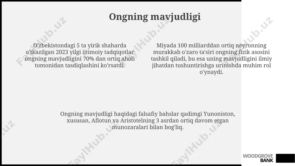 ri hisobga olinishi kerak. woodgrove bank vaqt va fazoning mavjudligi qora tuynuklar singari gravitatsion maydonlar juda kuchli bo'lgan hududlarda, vaqtning o'tishi yerga nisbatan sezilarli darajada sekinlashadi, bu esa vaqtning nisbiyligini va fazo-vaqtning egriligini tasdiqlaydi. olamning kengayishi haqidagi kuzatishlar, hubble qonuniga ko'ra, taxminan 13,8 milliard yil avval big bang deb ataluvchi voqea sodir bo'lganligini va vaqtning o'zi shu voqea bilan boshlanganligini ko'rsatadi. zamon va fazoning 4 o'lchovli bo'lishi, ya'ni 3 ta fazoviy o'lchov (uzunlik, kenglik, balandlik) va 1 ta vaqt o'lchovi einsteinning nisbiylik nazariyasi bilan tasdiqlangan va dunyoning turli burchaklaridagi, masalan, cerndagi tajribalar bilan o'rganilgan. woodgrove bank borliq va bo'lmaganlik markaziy osiyo mintaqasida, xususan, 11-12 asrlarda xorazm va buxoro kabi shaharlarda rivojlangan islom falsafasi “borliq va bo’lmaganlik” haqidagi munozaralarga 3 ta asosiy yo’nalishda – ilohiy, tabiiy va insoniy – yondashgan. ibn sino (avicenna)ning 1020-yilda yozilgan “qonun fi tibbi” asarida 15-bobda inson tanasining 2 ta asosiy holatini - sog’lom va kasal - …