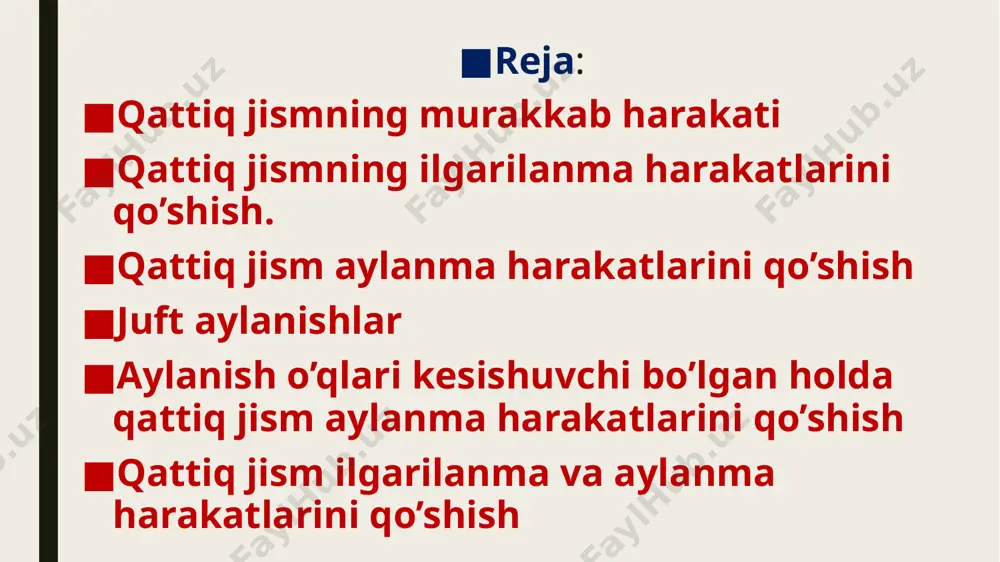 ivoship bilan bog’langan qo’zg’aluvchi tekislikda aylana bo’ylab harakatlanadi) va bu nuqtaning absolyut tezligi quyidagicha aniqlanadi: a agar oniy aylanish markazi (tezligi berilgan paytda nolga teng bo’lgan nuqta) topilsa, tezliklarni topish masalasini yanada osonlashtirish mumkin bundan: ya’ni k nuqta oo1 to’gri chiziq kesmasida yotadi va bu kesmani burchak tezliklariga teskari proporsional bo’laklarga ajratadi: k absolyut burchak tezligini topish uchun nisbiy harakatda qatnashmagan o1 nuqtani qaraymiz, va uning tezligini ikki marta hisoblaymiz – ko’chirma harakatda va absolyut harakatda. bu tezliklar teng bo’lishi kerak: oo1, kesmani ok va o1k kesmalar yig’indisi ko’rinishida tasvirlaymiz : bundan: aylanishlar qarama-qarshi tomonga yo’nalgan holda ham oo1 kesmani burchak tezliklariga teskari nisbatda, faqat tashqi tomondan bo’lishini (k nuqta oo1 kesmadan tashqarida bo’lib, miqdori katta bo’lgan burchak tezligi qo’yilgan nuqta tomonda joylashadi) ko’rsatish mumkin. u holda: va absolyut burchak tezligi burchak tezliklari ayirmasiga teng bo’ladi: har ikkala munosabatni ushbu bitta vektor munosabat bilan almashtirirsh mumkin: shunday qilib, absolyut burchak …