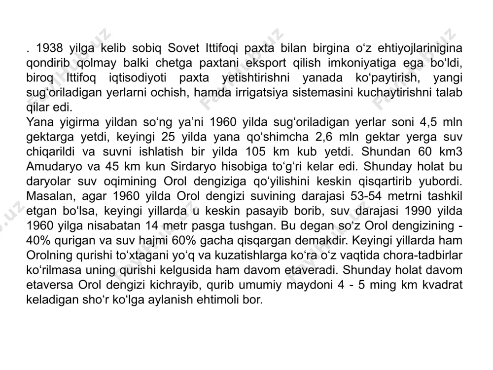 sanoat korxonalari va yangi shaharlar paydo bo‘ldi. natijada bu hududlarda qishloq xo‘jaligiga ko‘zlangan suvlar miqdori qisqarib shahar va sanoat korxonalariga ko‘proq berila boshladi. buning ustiga kerakmi, kerak emasmi, tejamlimi, tejamsizmi buni e’tiborga olmasdan bir qancha kanallar qazildi. ana shunday kanallardan biri bosh qoraqum kanalidir. bu eng katta qurilish inshoati bo‘lib afg‘oniston chegarasidan tortib, turkmanistonning cho‘llari ustidan ashgabat tomonga 1400 km masofaga cho‘zilgan. sovet ittifoqi tarqalmasdan oldin suv resurslarini taqsimlashni markaziy hukumat bajarar edi. xozirchi? orolni saqlab qolish mumkin bo‘lgan chora - tadbirlar ochiq kanallarni betonlashtirish, suvni meyorida taqsimlash, yangi (tomchilatib, yomg‘irlatib) sug‘orish usullarini joriy qilish sel suvlaridan oqilona foydalanish. bu tadbirlar orol suvini ko‘paytirish bilan birga, uning havzasidagi tabiiy, ijtimoiy – iqtisodiy jarayonlarni yaxshilaydi. orolning asosiy manbai hisoblangan amudaryo va sirdaryo havzalarini qattiq nazorat qilib iloji boricha ikki daryo suvini ko‘paytirib orolga tashlash lozim. amudaryo havzasidagi sarez ko‘li suvininig bir qismini rangun, norak, janubiy surxon, tolimarjon, qo‘yimozor, zand, tuyamo‘yin, dautko‘l …