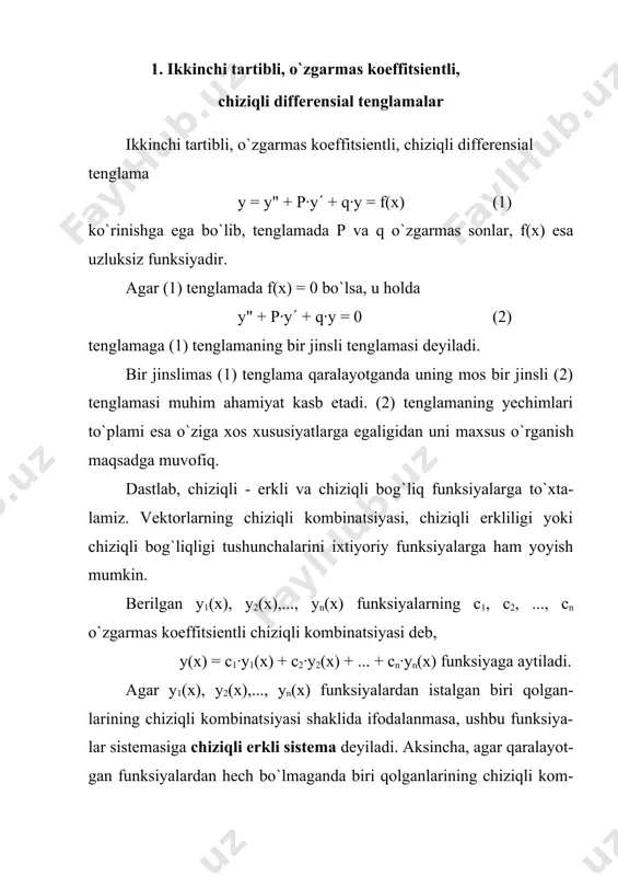ning nafaqat elementlari, shu bilan birga o`zi ham x ning funksiyasidan iborat. aniqlovchi xossalariga ko`ra, agar y1, y2 funksiyalar chiziqli bog`liq bo`lsa, bronskiy aniqlovchisining kattaligi x ning barcha qiymatlarida nolga teng. demak, agar x ning biror-bir qiymatida w(y1;y2) ≠ 0 bo`lsa, y1 va y2 funksiyalar chiziqli erklidir. bir jinsli (2) tenglama bir necha yechimlarining har qanday chi-ziqli kombinatsiyasi uning yechimi bo`la olishini tekshirib ko`rish mum-kin. agar ikki y1(x) va y2(x) funksiyalar (2) tenglamaning chiziqli erkli yechimlari bo`lsa, u holda ularning w(y1;y2) bronskiy aniqlovchisi x ning hech bir qiymatida nolga teng bo`la olmaydi. yuqoridagi mulohazalarga asoslanib, chiziqli bir jinsli differensial tenglamalar nazariyasida markaziy o`rinni egallagan bir jinsli tenglamaning barcha yechimlari tuziljshi haqidagi quyidagi teoremani isbotlash mumkin. 1 - teorema. agar y1(x) va y2(x) funksiyalar (2) tenglamaning chiziqli erkli yechimlari bo`lsa, u holda tenglamaning har bir yechimi ularning chiziqli kombinatsiyasi ko`rinishida ifodalanishi mumkin.) (2) tenglamaning tartiblangan chiziqli erkli y1(x) va y2(x) yechimlari …
