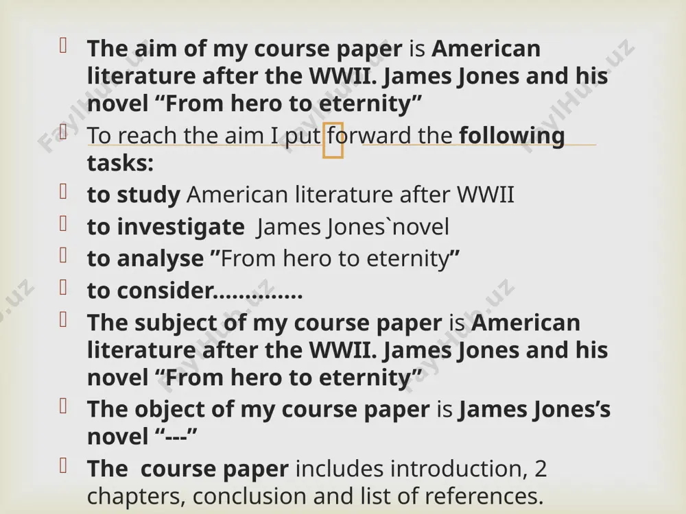 e, but all people on both sides of the globe, destroying the last vestiges of national american naivety and “innocence. the end of the previous period of u.s. literary development was vividly underscored by the deaths of several major writers of the 20s and 30s: scott fitzgerald and nathaniel west were gone in 1940, s. anderson passed away in 1941, and g. stein in 1946. the era of modernism is gone, although its greatest representatives – e. hemingway and w. faulkner – still continued to create.  chapter 2 james jones 2.1 james jones james ramon jones, an american novelist who lived from november 6, 1921, to may 9, 1977, was well-known for his examinations of world war ii and its aftermath. his first published book, from here to eternity, which was instantly adapted for the big screen and turned into a television series a generation later, won the 1952 …