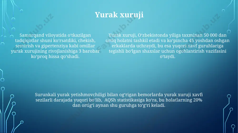 90% dan ortig'i birlamchi (eskirgan) bo'lib, genetik moyillik va turmush tarziga bog'liq; qolgan 10% esa buyrak kasalliklari kabi ikkilamchi sabablarga bog'liq. aqshda gipertenziya bilan kasallanganlar soni 100 milliondan oshadi. arterial gipertenziya o'zbekistonda yurak-qon tomir kasalliklari orasida eng keng tarqalgan bo'lib, 40 yoshdan oshgan har 3 kishidan 1 tasida uchraydi va yillik o'lim holatlarining 15% ga sabab bo'ladi. arterial gipertenziya qon tomirlariga katta yuk tushishiga olib keladi, bu esa insult (miya infarkti) xavfini 4 barobarga oshiradi va yurak etishmovchiligi xavfini sezilarli darajada orttiradi. chuqur tomir trombozi чуқур томр тромбози, айниқса, 50 ёшдан ошган аёлларда кўпроқ учрайди ва оёқлардаги чуқур веналарда 80% ҳолатларда кузатилади, бу эса тошкент шаҳридаги клиникалардаги маълумотларга асосланади. бу касалликнинг оғир асоратлари, масалан, ўпка артерияси эмболияси, 1000 та ҳолатнинг 20 тасида ўлим билан тугаши мумкинлиги бухоро вилоятидаги тадқиқотларда аниқланган. бу касалликнинг оғир асоратлари, масалан, ўпка артерияси эмболияси, 1000 та ҳолатнинг 20 тасида ўлим билан тугаши мумкинлиги бухоро вилоятидаги тадқиқотларда …