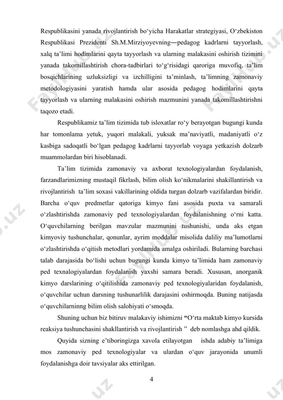 da o‘qituvchilarga katta mas’uliyat yuklangan. vatanimiz ravnaqi uchun ularning fidokorona va hayrli mehnatlari samarasiga bog‘liq. hozirgi zamon o‘qituvchisi har tomonlama yetuk, o‘z kasbining ustasi, zamon bilan hamqadam ish uslubiga ega, yangi o‘qitish metodlaridan xabardor, o‘z ustida doimo ishlab, bilim va malakalarini mustahkamlab boruvchi shaxs bo‘lishi lozim. kurs ishining dolzarbligi: ayniqsa, bugungi kunda davlatimiz rahbari sh.mirziyoyev tashabbuslari bilan mazkur masalalarga davlat siyosati darajasida qaralib, yanada keng ko‘lamli ishlar amalga oshirilmoqda. bu yurtimiz rahbarining quyidagi fikrlarida ham yaqqol aks etgan: “ayni paytda, axborot-kommunikatsiya sohasidagi oxirgi yutuqlarni o‘zlashtirish bilan birga, yoshlarning kitob o‘qishga bo‘lgan qiziqishini oshirishga, ularni kitob bilan do‘st bo‘lishga, aholining kitobxonlik saviyasini yanada oshirishga alohida e’tibor qaratish lozim bo‘ladi. buning uchun, avvalo, milliy adabiyotimiz va jahon adabiyotining eng sara namunalarini ijtimoiy tarmoqlarga joylashtirish va ularni keng targ‘ib qilishga alohida e’tibor berishimiz muhim ahamiyat kasb etadi”. kurs ishi mavzusining asosiy vazifalari: oliy ta’lim muassasalarida “badiiy asarda shakl va mazmun munosabati” mavzusini o‘rganish …