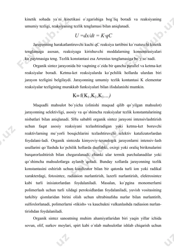 hun turli xildagi peroksidlardan foydalaniladi, yuvish vositasining tarkibiy qismlaridan birini olish uchun ultrabinafsha nurlar bilan nurlantirib, sulfoxlorlanadi, polimerlarni «tikish» va kauchukni vulkanlashda radiasion nurlan-tirishdan foydalaniladi. organik sintez sanoatning muhim ahamiyatlaridan biri yaqin yillar ichida sovun, olif, surkov moylari, spirt kabi o`nlab mahsulotlar ishlab chiqarish uchun katta miqdorda oziq-ovqat mahsulotlari ishlatilishiga chek qo`yish, ya`ni bu maqsad uchun oziq-ovqat mahsulotlarini nozik mahsulotlarga aylantirishdan iboratdir. xozirgi zamon organik sintez sanoati korxonalari xar turli texnologik sexlarning birlashtirilgan kompleksidan iboratdir. u nafaqat maqsadli mahsulotlar ishlab chiqaradi, balki ko`pgina qo`shimcha mahsulotlarni ushlab qolish va qayta ishlash qurilmalarini ham o`z ichiga oladi. organik sintez o`z taraqqiyotining boshlang`ich etaplarida oxirgi asosiy mahsulot bilan oraliq yarim mahsulotlar (alkenlar, gelogenli hosilalar, spirtlar, aldegidlar, ketonlar, fenollar, aminlar va boshqalar) ishlab chiqarishni qo`shib olib bordi. keyinchalik organik sintezdan bir qancha o`ziga xos ishlab chiqarishlar: plastmassalar, sintetik kauchuklar, kimyoviy tolalar, bo`yoqlar, dori–darmonlar texnologiyalari ajralib chiqdi. gazkondensati tarkibidan individual gaz komponentlarini ajratib olish. gaz …