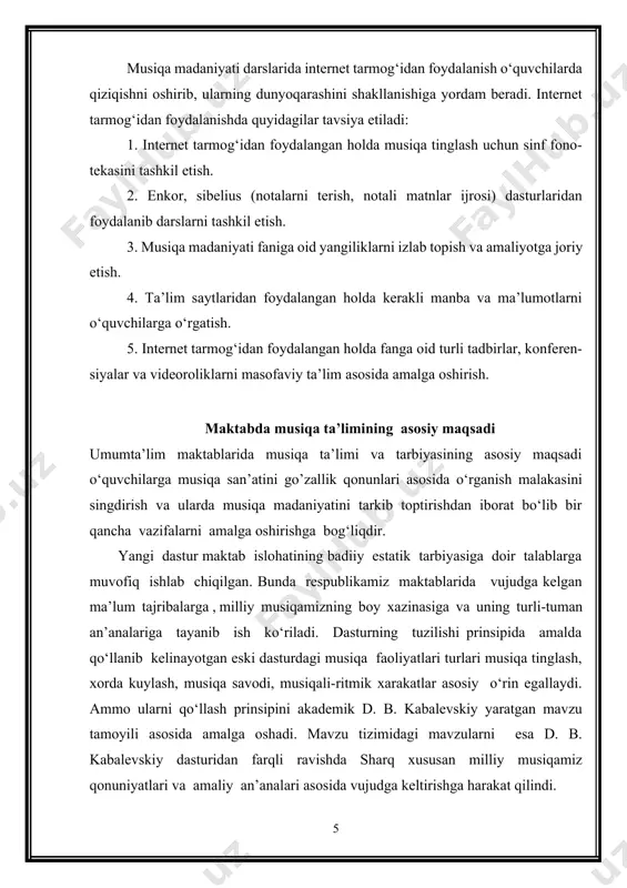 ari musiqa tinglash, xorda kuylash, musiqa savodi, musiqali-ritmik xarakatlar asosiy o‘rin egallaydi. ammo ularni qo‘llash prinsipini akademik d. b. kabalevskiy yaratgan mavzu tamoyili asosida amalga oshadi. mavzu tizimidagi mavzularni esa d. b. kabalevskiy dasturidan farqli ravishda sharq xususan milliy musiqamiz qonuniyatlari va amaliy an’analari asosida vujudga keltirishga harakat qilindi. boshlang‘ich sinflarda musiqa tarbiyasiga kompeleks yondashish nuqtai nazaridan kelib chiqib, dastur mualliflari musiqa tinglash, xorda kuylash, musiqa savodi, musiqa xususiyatiga mos harakatlar va raqs unsurlarini bajarish, darsining bolalar cholg‘u asboblarida kuy chalib musiqaga ritmik jo‘r bo‘lishi kabi barcha musiqaviy faoliyatlariga mushtarak munosabatda bo‘lishni maqsadga muvofiq deb topdilar. zero, darsda musiqa tinglash va xorda kuylash asosiy o‘quv materiali sifatida muhim rol o‘ynasa-da, ammo musiqiy faoliyatlar barcha turlarining o‘zaro mantiqiy uyg‘unligi natijasidagina o‘qitishning rivojlantiruvchiga, ta’limiy va tarbiyaviy funksiyasi asosida chorak mavzularini mukammal o‘zlashtirishga muvaffaq bo‘linadi. har bir chorak mavzusi o‘quv yilining umumlashgan bosh mavzusiga bo‘ysunadi. chorak mavzu asosida o‘rganiladigan asarlar zamirida o‘quvchilar musiqa …