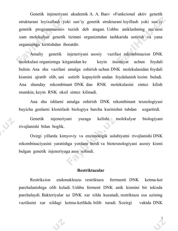 lari migraciyasi, uzun fragmentlarnikiga nisbatan ancha tez buladi. agarda ozika muxiti agarning koncentraciyasi juda yukori bulsa uzun fragmentli dnk umuman erritmaga yaxshi aralasha olmasligi mumkin. restrikcion fragmentlarni elektrofarez yuli bilan ajratganda restrikcion xaritalar olish imkoniyati tugiladi. ana shunday birinchi xarita sm virusidan olingan. (maymun virusi) bulib unda 5423 juft asos bulgan. keyin restrikcion xarita va fragmentlar dnk uchastkalarini xaritalashtirishda foydalanilgan, unda oksil viruslari uchun mrnk sintez buladi. nukleotidli ketma-ketlikni aniklash dnk genetik muxim kismini ifodalovchi usullar juda katta axamiyatga ega bulgan. ana shu usullar dnk rekombinat molekulalarini xosil kilishda xam muxim axamiyatga ega bulgan. ushbu yangi usullar nukleotidlar juftlarini 100-500 uzunliklarini aniklashga yordam bergan. ana shunday usullardan biri 1977 yilda mans va gilbertlar tomonidan taklif etilgan dnk kimyoviy degradaciyasidir. ushbu usul buyicha dnk fragmentlarini bironta kismiga fosfor (32r) izotopi ta’sir etdiriladi, natijada dnk turtta kismga bulinib, ana shu turtala asosning bittasi yoki ikkitasi molekulani buzish xususiyatiga ega buladi. reakciya sharoiti …