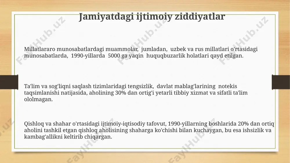 ing xarid qobiliyati pasaydi. davlat korxonalarining samaradorligi pastligi va texnologiyalarining eskirganligi "qayta qurish"ning iqtisodiy islohotlarini sekinlashtirdi, ya'ni o'sish sur'atlari kutganidan past bo'ldi. "qayta qurish" davrida paxta yetishtirishga haddan tashqari e'tibor qaratish oqibatida boshqa qishloq xo'jaligi tarmoqlari, jumladan, g'alla yetishtirish sezilarli darajada kamaydi, bu oziq-ovqat taqchilligini keltirib chiqardi. millatchiy va diniy tuygʻularning kuchayishi hukumatning sekulyar siyosatiga qarshilik sifatida, "qayta qurish" davrida diniy ta'lim muassasalarining soni sezilarli darajada ortdi, bu esa 50% ga yaqin o'sish bilan ifodalangan va millatchilik bilan birga diniy ekstremizm xavfini tug'dirdi. 1990-yillarning oxiri va 2000-yillarning boshlarida, "qayta qurish" davrida, islomga qiziqishning keskin oshishi va taxminan 1000 dan ortiq masjidning qayta tiklanishi kuzatildi, bu esa millatchilik va diniy tuyg'ularning kuchayishini ko'rsatdi. "qayta qurish" davrida, ayniqsa qishloq joylarida, an'anaviy qadriyatlar va urf-odatlarga qaytish kuchayib, 70% dan ortiq aholi o'zlarining millatchilik va diniy qarashlarini ochiq namoyon qilishdi, bu esa ijtimoiy tarangliklarni keltirib chiqardi. e'tiboringiz uchun rahmat @taqdimot_robot image3.png image4.png