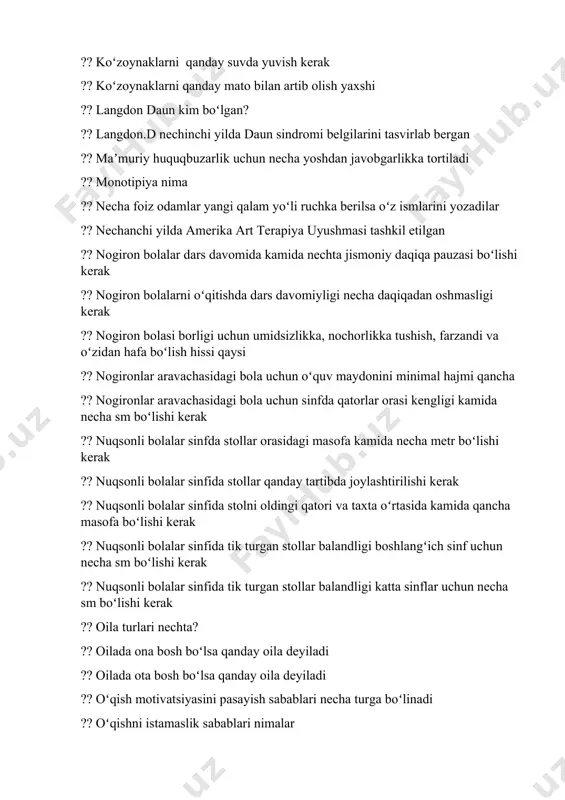 ima ?? ota- onalar bilan ishlashni asosiy yoʻnalishlari nechta ?? ota- onalarga ta’lim berish nechta yoʻnalish ?? ota-ona tarbiyasida bolaga nisbatan befarqlik, haddan tashqari sevgi, tolerantlik qaysi uslubga tegishli ?? ota-ona tarbiyasida bolani fikrlarini tinglash, ragʻbatlantirish qaysi uslubga tegishli ?? ota-ona tarbiyasida jiddiylik, talabchanlik, tahdidlar qaysi uslubga tegishli ?? ota-onani oʻqituvchi sifatida oʻrgatish nimalarni oʻz ichiga oladi ?? pandus nima ?? pandusning kengligi kamida necha sm boʻlishi kerak ?? pandusning panjarasi balandligi necha sm boʻlishi kerak ?? pandusning tutquchlari balandligi necha sm boʻlishi kerak ?? pandusning zaruriy atributlari nimalar? ?? pashadan fil yasaydigan, asabiy ona turi ?? psixologiyada aytilishicha 1-taassurot doim 1-necha soniyada boʻladi ?? qadimda balogʻat yoshi necha yosh hisoblangan ?? qaysi tarbiya turi bolani oʻz- oʻzini hurmat qilish xususiyatini rivojlantiradi ?? qaysi tarbiya turi nevrotik kasalliklarga olib keladi ?? qaysi tarbiya turida bola tengdoshlarga nisbatan shafqatsiz boʻlishiga zamin boʻladi ?? qichqirishga ruhsat beradigan terapiya turi qaysi ?? qochish …