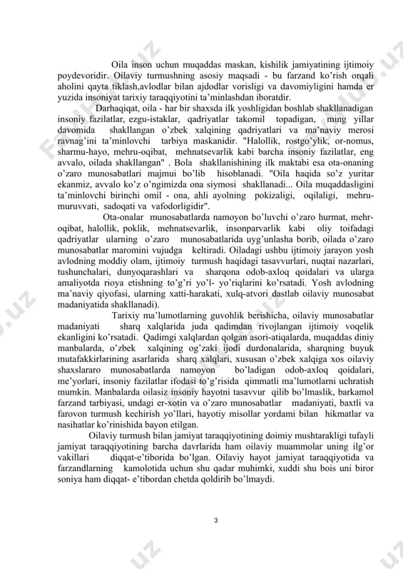 m-qadimdan oila muqaddas vatan sanalgan. agar oila sog’lom va mustahkam bo’lsa, mahallada tinchlik va hamjihatlikka erishiladi. binobarin, mahalla, yurt mustahkam bo’lsagina, davlatda osoyishtalik va barqarorlik hukm suradi".ko’rinib turibdiki, oilaviy hayot masalalari hozirgi davr fani tadqiqot yo’nalishining ustuvor sohalaridan biriga aylanib bormoqda. respublikamizda "oila" ilmiy-amaliy markazining tashkil etilishi hamda hukumat tomonidan "oila kodeksi" (1998) qabul qilinishi bugungi kunda oilalarning mustahkam va barqarorligini saqlash uchun qilinayotgan muhim amaliy ishlardan hisoblanadi. psixologik maslahat – bu psixolog kasbiy mutaxassislik faoliyatida nisbatan yangi soha hisoblanib, mamlakatimiz fan taraqqiyotida psixologiyaga oid ilmiy tadqiqot ishlari psixologiya fanini o’qitish, psixologik korreksiya va psixodiagnostika kabi an’anaviy amaliy ish shakllari bilan bir qatorda mustaqil faoliyat sohasi sifatida yaqinda ajralib chiqdi. so’zsiz bu faoliyat mutaxassisdan maxsus, juda chuqur bilim hamda kasbiy tayyorgarlikni talab etadi. psixologik maslahatlar soxasidagi bilimlar faqat amaliy psixolog bo’lishni xohlovchilar uchun emas, balki ijtimoiy xizmat xodimlari va defektologlar (maxsus psixologiya sohasidagi mutaxassislar) uchun ham majburiy hisoblanadi. i.bob oilaviy …