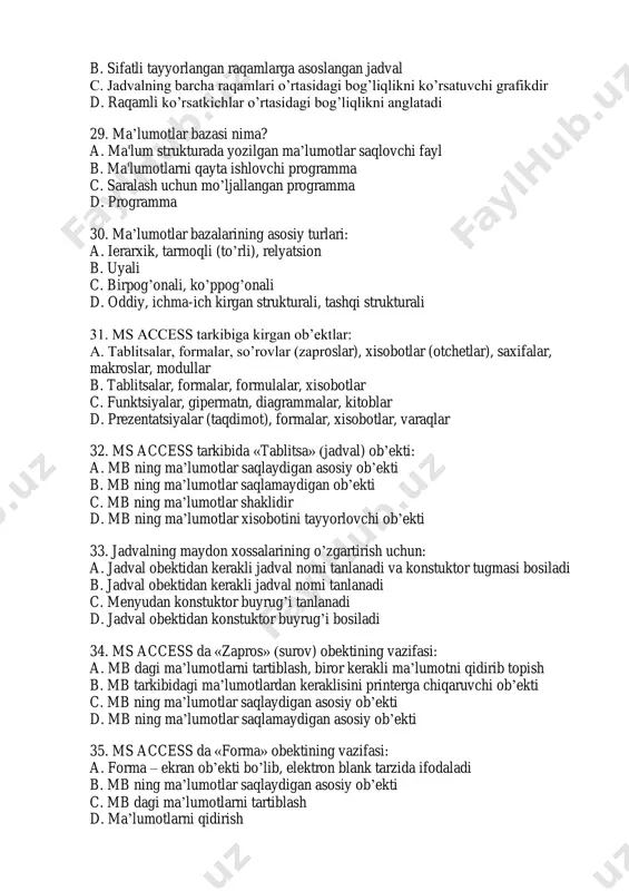 jadval, yozuvlar asosida, «noviy ob‟ekt» tugmasi yordamida b. avtotayyorlash, grafik, sql so‟rovi yordamida c. prezentatsiyalar asosida d. ms access ning maxsus ilovasi yordamida 42. ob‟ektlar xususiyati va ular orasidagi munosabatlarni aks ettiruvchi informatsion struktura nima? a. мbbт b. ma‟lumotlar bazasi c. informatsion struktura d. elektron jadval 43. telnet nima? a. turli tizimlarga kirish uchun ro‟yhatdan o‟tish b. turli tizimlarga yozish uchun c. turli portalga kirish uchun ro‟yhatdan o‟tish d. tizimlarga kirish uchun ro‟yhatga kirish 44. kompyuterlarning o‟zaro axborot almashish imkoniyatlarini beruvchi qurilmalar majmui nima deb ataladi? a. kompyuter tarmoqlari b. ma‟lumotlar bazasi c. texnologiya d. brauzer 45. kompyuterlar soniga qarab tarmoqlar qanday turlarga bo‟linadi? a. barcha javoblar to‟g‟ri b. lokal c. mintaqaviy d. global 46. bir binoda yoki bir-biriga yaqin binolarda joylashgan kompyuterlarda o‟zaro axborot almashish imkonini beruvchi tarmoq qanday nomlanadi? a. lokal tarmoq b. korporativ tarmoq c. mintaqaviy tarmoq d. global tarmoq 47. quyidagi saytlardan qaysi biri kidiruv sayti …
