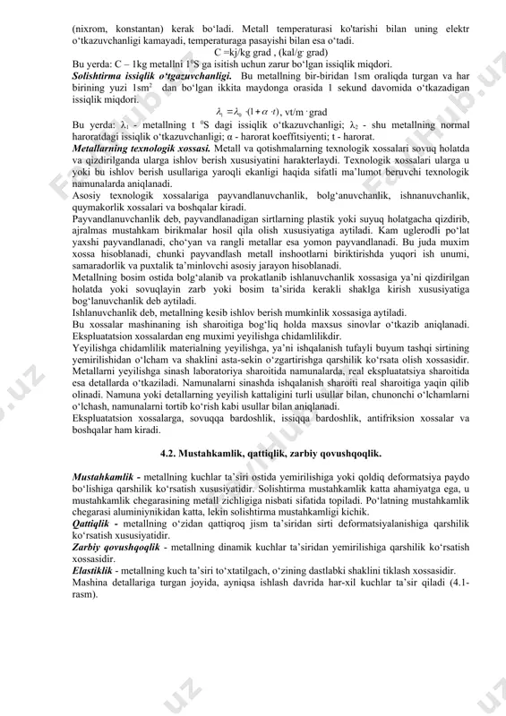 bilan qoplanishi orqali sodir bo‘ladi. yemirilish harakteriga ko‘ra korroziya umumiy, mahalliy va kristalararo turlarga bo‘linadi. korroziyaga qarshi kurashishda korroziyaga bardosh metallar, metall bo‘lmagan materiallar (lak, bo‘yoq, emal), shuningdek, oksid pardalari (qoraytirish, fosfotlash), kimyoviy barqaror qotishma va boshqalarni qoplash usullaridan foydalaniladi. hozirgi vaqtda agressiv muhitlarda, yuqori temperatura va tezliklar bilan birga katta kuch ta’sir etadigan muhitlarda metallardan foydalanishning solishtirma ulushi ortib ketadi. korroziyaga bardosh, issiqbardosh qotishmalarga talab ortib bormoqda. yuqori sanab o‘tilgan korroziya turlari bilan kurashish uchun alohida himoya vositalari bilan himoyalaniladi. bularga misol qilib, ingibitorlarni olish mumkin. ingibitorlar korroziyani sekinlatuvchi turli organik va noorganik moddalar hisoblanadi. metallarning mexanik xossasi. metall va qotishmalarning mexanik xossalari, ularing tashqi kuchlarga qarshilik ko‘rsata olish xususiyatini belgilaydi. mexanik xossalar metallarning kimyoviy tarkibi, strukturasi, texnologik ishlov berish usuli va boshqa omillarga bog‘liq bo‘ladi. mexanik xossalarni ma’lum bo‘lsa, metallarga ishlov berish vaqtida hamda konstruksiya va mexanizmlarning ish jarayonida ularning o‘zini qanday tutishi haqida hukm yuritish mumkin. metallarga …