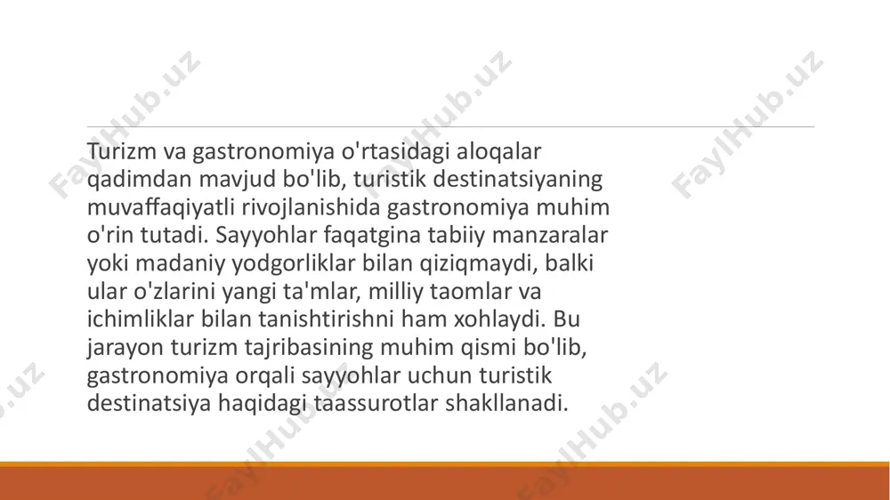 hda yordam beradi. fransiya, italiya, yaponiyaning gastronomik brendlari, o'z navbatida, turizmni jalb qilishda katta rol o'ynaydi. gastronomiya va turizmni integratsiya qilishning muhim tamoyillari: • mahalliy taomlarni saqlash va ularni innovatsion tarzda taqdim etish: turistlar mahalliy taomlarni tajriba qilishni istaydi. shu bilan birga, ushbu taomlar zamonaviy texnologiyalar yordamida taqdim etilishi kerak. masalan, mahalliy taomlarni yangi shaklda, lekin ularning an’anaviy xususiyatlarini saqlagan holda taqdim etish turistlar uchun qiziqarli bo'ladi. • ekologik va barqaror gastronomiya: hozirgi kunda barqarorlik va ekologik xavfsizlik masalalari muhim ahamiyat kasb etmoqda. turistlar ko'proq organik va ekologik toza mahsulotlardan tayyorlangan taomlarni iste'mol qilishni afzal ko'rishadi. bu, shuningdek, mahalliy resurslardan unumli foydalanishni ta'minlashga yordam beradi. • madaniyat va gastronomiya turlarini yaratish: o'ziga xos gastronomik tajribalar yaratish turistlarni jalb qilishda samarali usuldir. masalan, vino turlari, pishirish darslari, taom tayyorlash ustaxonalari va gastronomik festivallar bu borada katta imkoniyat yaratadi. o'zbekiston gastronomik brendini yaratishda turistik destinatsiyalarni shakllantirishning ahamiyati o'zbekiston turizm sohasida o'ziga xos …