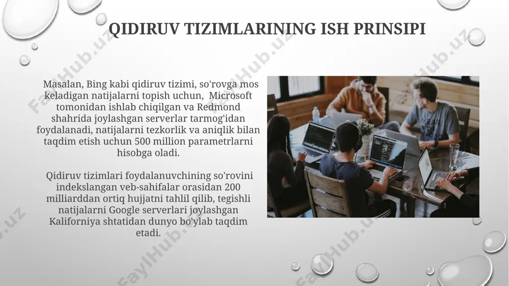 a kelib 5g tarmoqlarining keng tarqalishini tezlashtirdi. internet tarmog'ida ishlaydigan 200 dan ortiq turdagi dasturlar mavjud bo'lib, ularning 50 foizi qo'shma shtatlarda, 30 foizi esa xitoyda ishlab chiqariladi. bu dasturlar turli xil vazifalarni, jumladan, elektron pochta, onlayn o'yinlar va ijtimoiy tarmoqlarni o'z ichiga oladi. internetda axborot manbalaridan foydalanish o'zbekistondagi 5 ta eng mashhur internet-provayderlarning har biri o'zining axborot manbalariga kirish imkoniyatlarini taklif qiladi, bu esa foydalanuvchilarga turli xil perspektivalardan ma'lumot olish imkonini beradi. 2023-yilda google scholar kabi ilmiy ma'lumotlar bazalaridan foydalanish orqali jahon sog'liqni saqlash tashkiloti (who)ning hisobotlari kabi ishonchli manbalarga tez va qulay kirish mumkin bo'ldi. e'tiboringiz uchun rahmat @taqdimot_robot image3.png image4.jpg image5.jpg image6.jpg image7.jpg image8.jpg image9.jpg image10.jpg image11.jpg image12.jpg image1.png