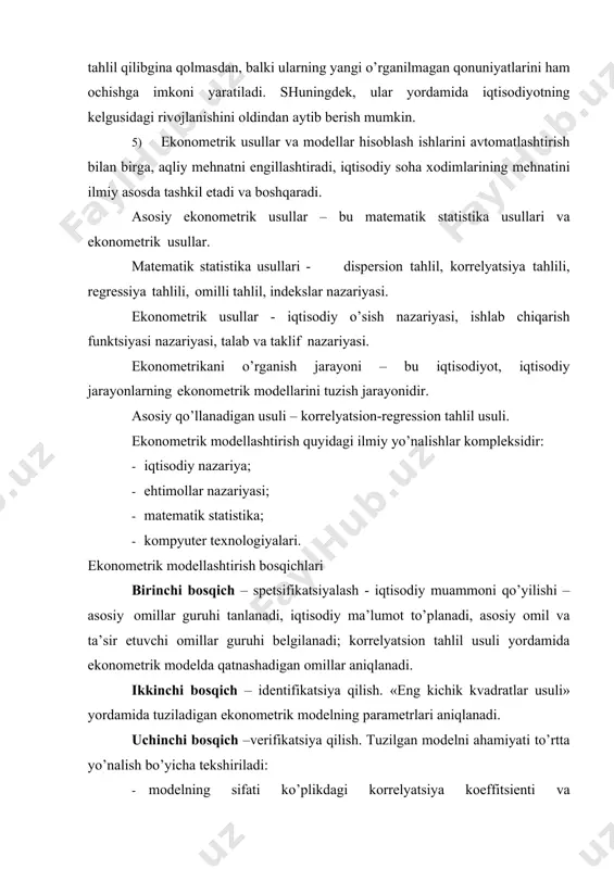 da «eng kichik kvadratlar usulining» bajarilish shartlari tekshiriladi. to’rtinchi bosqich – tuzilgan va baholangan ekonometrik model yordamida asosiy iqtisodiy ko’rsatkichlar prognoz davriga hisoblanadi. iqtisodiy jarayonlarni vaqt davomida o’zgarishini o’rganish muhim ahamiyatga ega. chunki barcha iqtisodiy jarayonlar va hodisalar vaqt davomida o’zgaruvchan bo’ladi. iqtisodiyotda barcha iqtisodiy jarayonlarni iqtisodiy-statistik modellar orqali o’rganish natijasida u yoki bu iqtisodiy ko’rsatkichning hozirgi holati va kelajakdagi o’zgarishini ilmiy asosda tahlil qilish va bashoratlash mumkin bo’ladi. iqtisodiy-statistik modellashtirish usuli - bozor iqtisodiyoti sub’ektlarining iqtisodiy faoliyati tahlili va rejalashtirishni takomillashtirishga qaratilgan tadbirlardan biridir. iqtisodiy-statistik modellashtirish iqtisodiy ko’rsatkichlar va ishlab chiqarish omillari o’rtasidagi aloqalar o’z mohiyatiga ko’ra stoxastik bo’lgan asosga tayanadi. iqtisodiy sub’ektlar faoliyatini statistik modellashtirish zamon va makonda ularning rivojlanish jarayonini o’rganishda asosiy o’rin egallaydi. bu modellar ishlab chiqarish tendensiyalari va qonuniyatlarini aniqlash uchun moslashgandir. hatto eng takomillashgan statistik model ham iqtisodiy hodisa va jarayonlarning butun aloqadorligini qamrab olishga qodir emas. shunga ko’ra, iqtisodiy tahlil va iqtisodiy-statistik modellashtirishni …