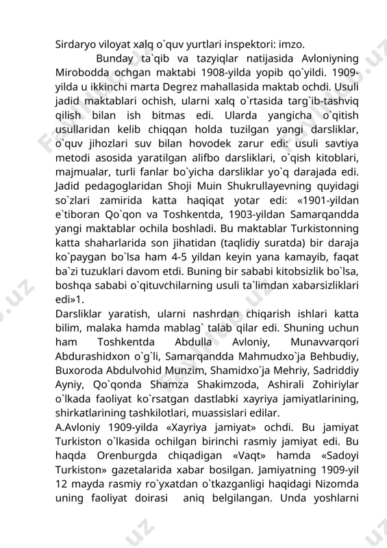 ida katta haqiqat yotar edi: «1901-yildan e`tiboran qo`qon va toshkentda, 1903-yildan samarqandda yangi maktablar ochila boshladi. bu maktablar turkistonning katta shaharlarida son jihatidan (taqlidiy suratda) bir daraja ko`paygan bo`lsa ham 4-5 yildan keyin yana kamayib, faqat ba`zi tuzuklari davom etdi. buning bir sababi kitobsizlik bo`lsa, boshqa sababi o`qituvchilarning usuli ta`limdan xabarsizliklari edi»1. darsliklar yaratish, ularni nashrdan chiqarish ishlari katta bilim, malaka hamda mablag` talab qilar edi. shuning uchun ham toshkentda abdulla avloniy, munavvarqori abdurashidxon o`g`li, samarqandda mahmudxo`ja behbudiy, buxoroda abdulvohid munzim, shamidxo`ja mehriy, sadriddiy ayniy, qo`qonda shamza shakimzoda, ashirali zohiriylar o`lkada faoliyat ko`rsatgan dastlabki xayriya jamiyatlarining, shirkatlarining tashkilotlari, muassislari edilar. a.avloniy 1909-yilda «xayriya jamiyat» ochdi. bu jamiyat turkiston o`lkasida ochilgan birinchi rasmiy jamiyat edi. bu haqda orenburgda chiqadigan «vaqt» hamda «sadoyi turkiston» gazetalarida xabar bosilgan. jamiyatning 1909-yil 12 mayda rasmiy ro`yxatdan o`tkazganligi haqidagi nizomda uning faoliyat doirasi aniq belgilangan. unda yoshlarni o`qitish, iqtidorli yoshlarni taraqqiyot etgan chet el oliy o`quv …