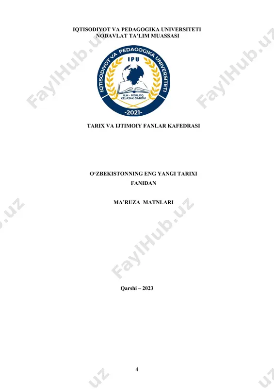 va toʼliq anglashi jamiyat taraqiyotida muhim ahamiyat kasb etadi. oʼzbekistonning eng yangi tarixi fanida oʼzbekistonning davlat mustaqilligiga erishishi arafasida yuzaga kelgan murakkab vaziyat, respublika mustaqilligining eʼlon qilinishi, mustaqillik yillarida mamlakatda amalga oshirilayotgan ijtimoiy-siyosiy, iqtisodiy, maʼnaviy sohalardagi islohotlar va ularning bosqichlarini, oʼzbekistonning jahon hamjamiyatiga har tomonlama integratsiyasini, xavfsizlik, millatlararo totuvlik va diniy bagʼrikenglikni taʼminlash, tinchliksevar tashqi siyosat kabi masalalarning ilmiy va amaliy ahamiyati ochib beriladi. fanni oʼqitishning maqsadi – mustaqillik yillarida oʼzbekiston respublikasida yuz bergan muhim oʼzgarishlar, tub islohotlarning mazmun-mohiyatini koʼrsatish va jamiyat hayotida talaba(mutaxassis)ning oʼrnini, oʼzligini anglatishdan iborat. fanni oʼqitishning vazifalari – mustaqillikka erishish arafasida oʼzbekistonda yuzaga kelgan murakkab vaziyatni hamda mustaqillik yillarida davlat boshqaruvi, ijtimoiy-iqtisodiy, siyosiy va maʼnaviy va boshqa sohalardagi islohotlarning mohiyatini talabalarga tushuntirib berish, ularni vatanga sadoqat va muhabbat ruhida tarbiyalashdan iborat. tarixni o`rganishda tarixiylik metodologiyasi muhim ahamiyatga ega. tarixiylik qoidasi voqea va xodisalarni o`z davrining aniq tarixiy sharoitidan kelib chiqqan holda o`rganishni taqoza etadi. voqea, xodisalarni …
