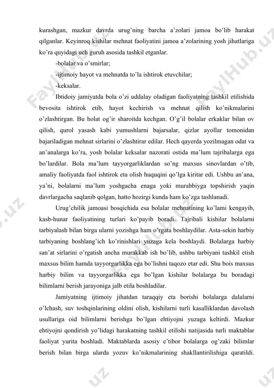 n birga ularni yozishga ham o’rgata boshlaydilar. asta-sekin harbiy tarbiyaning boshlang’ich ko’rinishlari yuzaga kela boshlaydi. bolalarga harbiy san’at sirlarini o’rgatish ancha murakkab ish bo’lib, ushbu tarbiyani tashkil etish maxsus bilim hamda tayyorgarlikka ega bo’lishni taqozo etar edi. shu bois maxsus harbiy bilim va tayyorgarlikka ega bo’lgan kishilar bolalarga bu boradagi bilimlarni berish jarayoniga jalb etila boshladilar. jamiyatning ijtimoiy jihatdan taraqqiy eta borishi bolalarga dalalarni o’lchash, suv toshqinlarining oldini olish, kishilarni turli kasalliklardan davolash usullariga oid bilimlarni berishga bo’lgan ehtiyojni yuzaga keltirdi. mazkur ehtiyojni qondirish yo’lidagi harakatning tashkil etilishi natijasida turli maktablar faoliyat yurita boshladi. maktablarda asosiy e’tibor bolalarga og’zaki bilimlar berish bilan birga ularda yozuv ko’nikmalarining shakllantirilishiga qaratildi. dastlab suratkashlik rivojlanib, piktografik xat paydo bo’lgan bo’lsa, keyinchalik qo’shni mamlakatlardan kirib kelgan harflar yordamida yozish usuli paydo bo’ladi va bu usul tez tarqala boshlaydi. pedagogika tarixini davrlashtirish muammosi pedagogika tarixini davrlashtirishga doir xilma-xil yondashuvlar mavjud. so’nggi yillarda o’zbekistonda pedagogika tarixini o’rganishga …