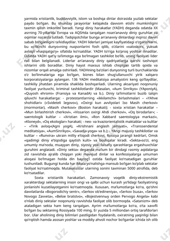 dan-avvlodga etkazishga yordam bergan va shu yo‘l bilan madaniyat rivojiga katta ta’sir ko‘rsatgan. bugungi kunda dinga bo‘lgan qiziqishning kuchayib borishi globallashuv jarayonlarining o‘ziga xos in’ikosi deyish mumkin. zero, globallashuv dunyoni bir butun va yaxlit qila borishi bilan bir qatorda, uning hosilasi sifatida alohida olingan millat va jamiyatlar darajasida o‘z-o‘zini anglashga bo‘lgan intilishning chuqurlashuviga ham zamin yaratmoqda. bu jarayonlar o‘z navvbatida inson ma’navviyatining uzviy qismi bo‘lgan dinning mohiyatini tushunish, uning inson va jamiyat hayotidagi o‘rnini anglashga bo‘lgan e’tiborning kuchayishini keltirib chiqarmoqda. shu bilan birga, dinga bo‘lgan qiziqishning kuchayishi bugungi kunda kishilik jamiyati oldida turgan muammolar, insonning ularni hal qilish yo‘llari haqidagi o‘y-izlanishlari, dunyoviy va diniy qadriyatlar uyg‘unligini ta’minlagan holda bugungi kunning og‘ir va murakkab savvollariga to‘laqonli javvob topishga intilishi bilan bog‘liq ekanini ham alohida qayd etish lozim. mutaxassislar ma’lumotlariga ko‘ra, xx asrning ikkinchi yarmida xristianlik, buddavviylik, islom va boshqa dinlar doirasida yuzlab sektalar paydo bo‘lgan. bu shunday jarayonlar kelajakda davvom etishi …