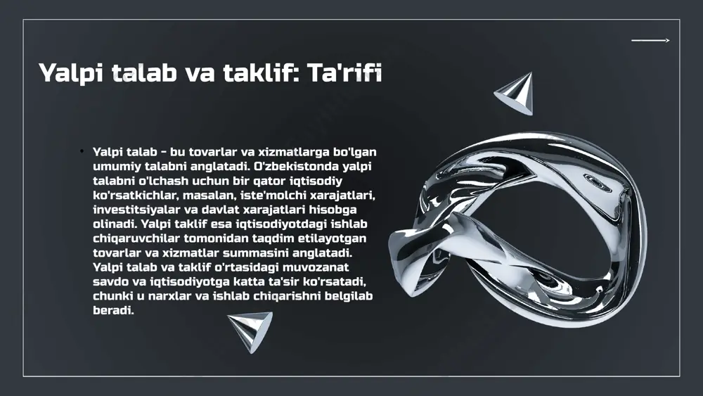 lif tushunchalari iqtisodiyotdagi muhim elementlardir. talab, iste'molchilarning ma'lum bir narx darajasida mahsulot yoki xizmatlarga bo'lgan ehtiyojidir. taklif esa, ishlab chiqaruvchilarning ma'lum bir narx darajasida mahsulot yoki xizmatlarni taqdim etishga tayyorligi demakdir. iqtisodiy muvozanat talab va taklif o'rtasidagi tenglikka erishilganda yuzaga keladi. agar talab taklifdan yuqori bo'lsa, narx oshadi, agar taklif talabdan yuqori bo'lsa, narx pasayadi. iqtisodiyotda talab va taklifning o'zgarishi ko'plab omillarga, masalan, iste'molchilar ishonchi, resurs narxlari va davlat siyosatiga bog'liq. bu o'zgarishlar iqtisodiy holatga sezilarli ta'sir ko'rsatadi, masalan, inflyatsiya, iqtisodiy o'sish va bandlik darajasini o'zgartirishi mumkin. talab o'zgarishlari talab o'zgarishlariga ta'sir etuvchi omillar: - narxlar o'zgarishi - ijtimoiy va iqtisodiy omillar - mahsulotning o'ziga xos xususiyatlari - raqobatchilar faoliyati - davlat siyosati va tartibga solish talab o'zgarishlari iqtisodiy natijalarga ta'sir qiladi. talabning o'zgarishi narxlar va tovarlar taqdimotiga bevosita ta'sir ko'rsatadi. masalan, agar talab oshsa, narxlar ko'tarilishi mumkin, bu esa ishlab chiqaruvchilarning foydasini oshiradi. boshqa tomondan, talab pasayganda, narxlar tushishi …