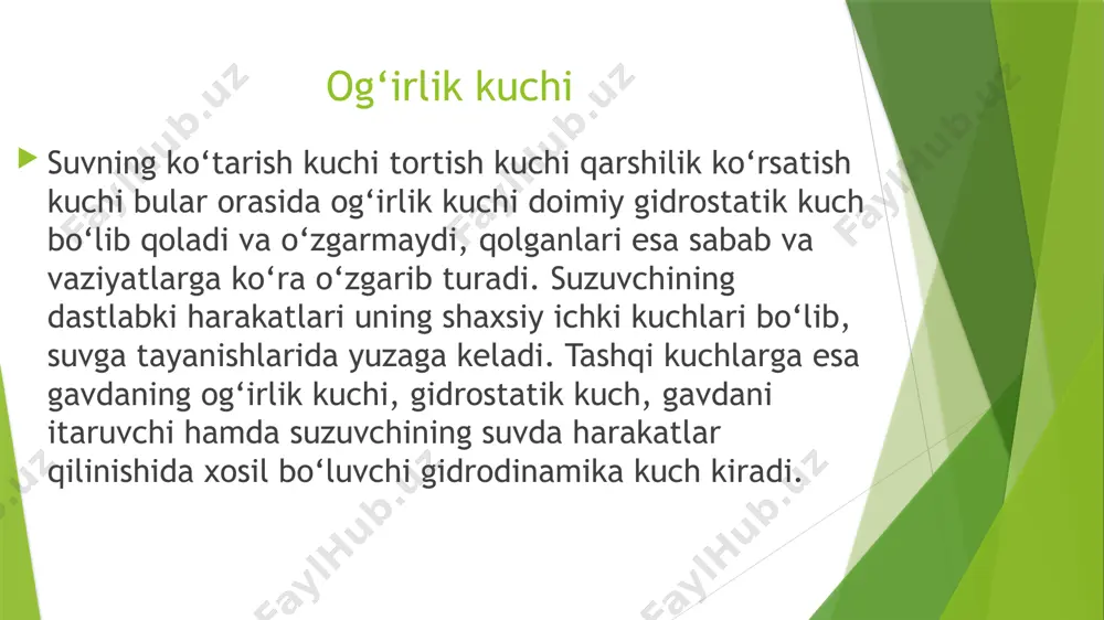 bilan og’irlik markazining nisbati o’zgaradi, demak, qo’l yoki oyoq og’irlik markazining nisbati o’zgaradi, demak, qo’l yoki oyoq ko’tarilgan tomonga gavdani aylantiradigan «juft kuch» hosil bo’ladi. gavdaning qanchalik kam qismi suvga botgan bo’lsa, uni ko’taruvchi kuch shu tomonga shuncha kam kuch bilan ta’sir qiladi. shu sababli ham, suzayotgan odam nafas olish uchun boshini ancha yonga burishni yoki ko’tarishni, qo’lini suvdan yuqoriga chiqarib oldinga tashlashni tez bajaradi, ikkinchi suvdagi qo’li esa nisbatan sekin harakatlanadi. bordi-yu bosh yoki qo’l suvdan sekin ko’tariladigan bo’lsa, u holda suvning ko’tarish kuchini oshirish uchun suvostidagi qo’l va oyoqlarni tezroq harakatlantirish zarur. suzuvchi suvga kalla tashlaganida tezroq boshi bilan qo’llarni yuqoriga ko’tarishga va oyoqlari bilan suvni tepishga oshiqadi, chunki bu paytda suvning ko’tarish kuchi kamayib, og’irlik kuchi ortib ketadi. tashqi ishqalanishda suvning hamma qatlam zarrachalari suzuvchining tanasidan toyib ortda qolavermaydi. uning qandaydir bir yupqa qismi ishqalanish ta’sirida teriga «yopishib» olib, gavda bilan bir xil tezlikda oldinga tomon harakat …