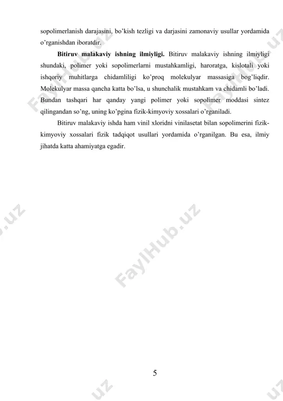acha hajmiy molekulyar massalarga bo’linadi. o’rtacha raqamiy molekulyar massa – mn polimer namunasi umumiy massasining umumiy makromolekulalar soniga nisbati bilan aniqlanadi: _ n1m1+n2m2 + n3m3 + … ∑n1m1 mn = ----------------------------------- = ----------- = ∑nimi n1+n2+n3 +… ∑ni bu erda n1, n2 …,ni – molekulyar massasi m1, m2 …,mi bolgan makromolekulalar soni; i – polimer fraksiyasining tartib raqami; ni=ni/∑ni – aralashmadagi mi molekulyar massali fraksiyaning raqamiy ulushi. mn – ni aniqlashda makromolekula uchlaridagi guruh usuli (kimyoviy usul) va termodinamik (ebulioskopiya, krioskopiya, osmometriya) usullaridan foydalaniladi. o’rtacha vazniy molekulyar massa mw – mi molekulyar massali har bir fraksiyaning aralashmadagi massa ulushini hisobga oladi: _ n1m1 n2m2 nimi nim2i mw = m1 -------- + m2-------- + …+ mi--------- = ---------- = ∑ὼimi ∑n1m1 ∑n2m2 ∑nimi ∑nimi bu erda ὼi= nimi/∑nimi har bir fraksiya massasini, umumiy fraksiyalar massalari yig’indisiga nisbati. o’rtacha vazniy molekulyar massani aniqlash uchun yorug’lik nurini yoyish va sedimentasion muvozanat usullari qo’llaniladi. …