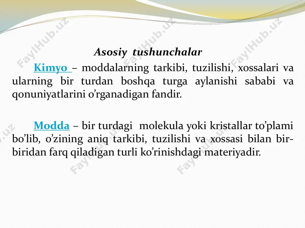 i. shu sababli: elementning tabiiy izotoplar tarkibidagi atomi o’rtacha massasining uglerod 12с atom massasining 1/12 qismiga nisbatiga teng kattalik kimyoviy elementning nisbiy atom massasi (аr) deyiladi. nisbiy atom massa – kimyoviy elementning asosiy tavsiflaridan biridir. atom massalarning hozirgi qiymatlari d.i. mendeleevning elementlar davriy jadvalida berilgan. 2712 10*66057,1)( 12 1 cm1 m.a.b. = kg.  moddaning tabiiy izotoplar tarkibidagi molekulasi o’rtacha massasining uglerod atomi 12с massasining 1/12 qismiga nisbatiga teng qiymat moddaning nisbiy molekulyar massasi мr deyiladi.  nisbiy molekulyar massa son jihatdan modda molekulasi tarkibiga kiradigan barcha atomlar nisbiy atom massalari-ing yig’indisiga teng. uni moddaning formulasidan oson hisoblab topish mumkin. masalan, м r (н2о) quyidagicha topiladi: 2 ar (h) = 2 1,00797 = 2,01594 ar (o) = 1 15,9994 = 15,9994 mr (h2o) = 18,01534 demak, suvning nisbiy molekulyar massasi 18, 01534 ga yoki yaxlitlaganda 18 ga teng.  hamma kimyoviy hisoblarda muhim tushuncha bo’lib mol hizmat qiladi. «fizikaviy kattaliklar …