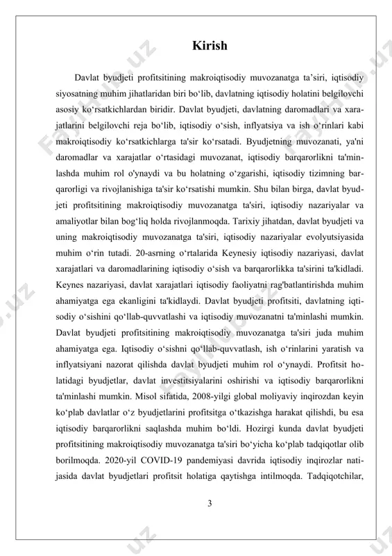 a'minlashga yordam bersa, boshqa tomondan esa davlatning iqtisodiy o'sish strategiyalarini amalga oshirish imkoniyatini yaratadi. davlat byudjeti profitsiti, shuningdek, inflyatsiya darajasini nazorat qilishda ham muhim rol o'ynaydi. davlat xarajatlarini oshirish orqali, agar bu xarajatlar samarali amalga oshirilsa, iqtisodiy o'sish va ijtimoiy himoyani kuchaytirishga olib kelishi mumkin. biroq, agar byudjet xarajatlari nazoratsiz oshsa, bu inflyatsiya darajasini keltirib chiqarishi mumkin, bu esa iqtisodiy o'sishga salbiy ta'sir ko'rsatishi mumkin. shuning uchun, davlat byudjeti profitsitining ta'siri iqtisodiy o'sishga bog'liq ravishda ehtiyotkorlik bilan boshqarilishi zarur. bundan tashqari, davlat byudjeti profitsitining iqtisodiy o'sishga ta'siri ijtimoiy xarajatlar bilan ham bog'liq. davlat ijtimoiy xizmatlarni moliyalashtirishga ko'proq mablag' ajratganida, bu ijtimoiy barqarorlikni ta'minlash va aholi farovonligini oshirishga qaratilgan bo'ladi. misol uchun, ta'lim va sog'liqni saqlash sohalariga investitsiyalar kiritilishi, kelajak avlodning malakasini oshirish va sog'liqni saqlash xizmatlarini yaxshilash orqali iqtisodiy o'sishga ijobiy ta'sir ko'rsatadi. xulosa qilib aytganda, davlat byudjeti profitsitining iqtisodiy o'sishga ta'siri ko'p jihatdan davlatning iqtisodiy siyosatiga, xarajatlar samaradorligiga va …