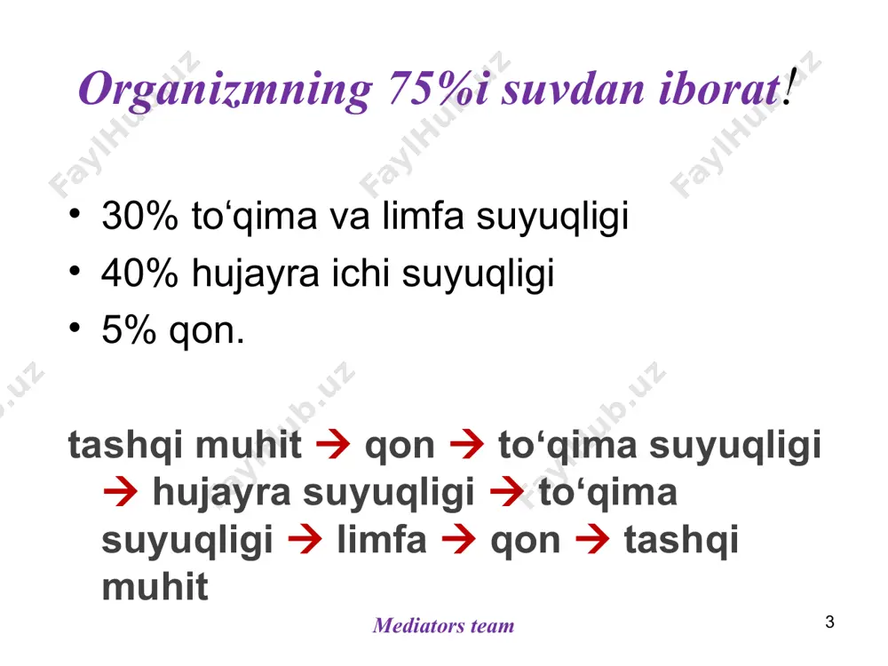 ning yopishqoqligiga hissa qoʻshadi qon ivishida qatnashadi. fibrinolitik funksiya organizmni himoya qilishdagi roli oqsil zahirasi vazifasi (???) transport funksiyasi: kortizol transkortin bilan, vitamin b12 transkobalamin yordamida, bilirubin albuminlar hamda alfa globulinlar yordamida, dori vositalari albuminlar yordamida, cu seruloplazmin (alfa 2 globulin) yordamida, erkin gemoglobin gaptoglobin yordamida tashiladi... kislata-asos muvozanatini taʼminlashda qatnashadi. mediators team mediators team qonning bufer tizimini quyidagilar hosil qiladi: 1. gemoglobin bufer tizimi 2. karbonat bufer tizimi 3. fosfat bufer tizimi 4. plazma oqsillari bufer tizimi (amfoterlik) plazma oqsillari sintezi qayerda? mediators team * ph chegarasining 0,1ga siljishi funksiyalarning buzilishiga 0,3ga siljishi komatoz holatga 0,4 ga siljish esa oʻlimga olib keladi !!! mediators team - albuminlar va fibrinogen asosan jigarning retikuloendotelial hujayralari tomonidan sintezlanadi. - alfa va betta globulinlar jigar, taloq va suyak koʻmigida sintezlanadi - gamma globulinlar b limfotsitlar tomonidan sintezlanadi fiziologik xilma xillik bolada? qariyalarda? homiladorlarda? oqsillar kamayishi patologiyada qachon kuzatiladi? * mediators team alimentar sprue …