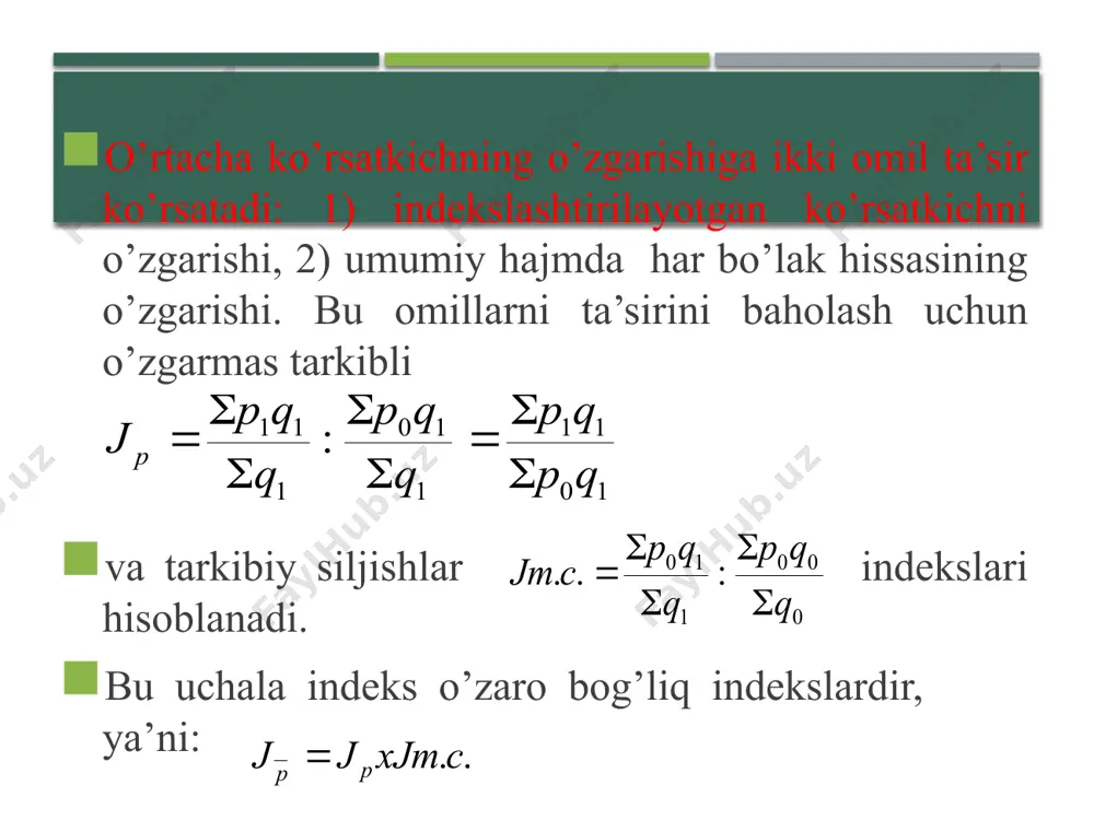 boshqa ko’rsatkichlar (baho, tannarx va h.k.) bo’yicha ham hisoblash mumkin. iqtisodiy hodisa va jarayonlarning faqatgina zamonda o’zgarishi emas, balki makonda o’zgarishini o’rganish ham juda katta ahamiyatga ega. bozor iqtisodiyoti sharoitida bu ish zaruriyatga aylanadi. turli hudud(territoriya)larga taalluqli hodisalarni taqqosl ash hududiy indekslar deyiladi. ular ham individual va umumiy indekslarga bo’linadi. individual indekslar hodisani hududlar bo’yicha bo’lgan nisbatini tavsiflaydi. bu indekslarni hisoblashda hech qanday qiyinchiliklarga duch kelmaymiz. chunki bu erda vazn masalasi muammosi yo’q. lekin, umumiy hududiy indekslarni hisoblash jarayonida vazn masalasini aniqlashda ancha -muncha qiyinchiliklar mavjud. bu erda, ayniqsa, taqqoslash bazasi va vazn qilib qaysi bir hududni olish to’g’riligini hal qilish murakkab ishdir . bu muammo, birinchi navbatda kuzatish oldiga qo’yilgan maqsad va vazifalarga qarab echiladi. masalan, jondor va kogon tuman dehqon bozorlarida sotilgan mahsulotlarning bahosini taqqoslamoqchimiz. bu erda qaysi bir tumanda sotilgan mahsulot miqdorlarini v azn sifatida olish to’g’ri bo’ladi? degan savol tug’iladi. bu savolga quyidagicha javob berish mumkin. …