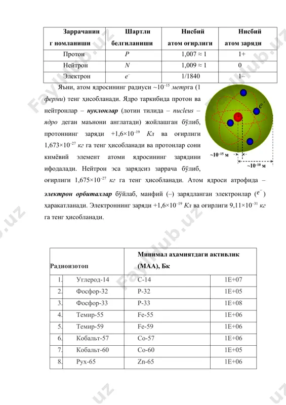 форний -252 cf-252 1e+04 50. прометий-147 pm-147 1e+07 радиоизотоп диагностика - радиоактив изотоплар ва нишонланган бирикмалар ёрдамида касалликни аниқлаш. радиоизотоп диагностиканинг асосий усули радиоактив индикатсия, яʼни организмга юборилган радиоактив моддаларни кузатиб боришдир. коʻпгина кимёвий элементларнинг радиоактив изотоплари оʻзидан ионловчи нурлар чикариб туради; изотоп организмга юборилганидан кейин унинг таратадиган нурларини махсус аппаратлар ёрдамида жуда аниқлик билан қайд қилиш мумкин. замонавий радиологик аппаратлар радиоактив бирикмалар жуда кам миқдорда, яʼни текширилаётган кишининг организми учун амалда ҳеч бир зиёнсиз индикатор миқдорда олинганда ҳам уларни аниқлаш ва оʻрганишга имкон беради. врач радиоактив моддаларнинг бемор организмида қандай тақсимланиши, бир жойдан иккинчи жойга оʻтиши ва организмдан чиқиб кетишига қараб, тегишли элементларнинг организмдаги биокимёвий ва физиологик жараёнларда қай тариқа иштирок этиши тоʻгʻрисида фикр юритади. радиоизотоп диагностиканинг лаб. радиометрияси, клиник радиометрия, клиник радиография ва сканирлаш усуллари коʻп қоʻлланади. лаб. радиометриясида кон, сийдик ва ахлатнинг маʼлум қисмини текшириб, нишонланган бирикманинг борёʻқлиги аниқланади. бу усул қон плазмаси ҳажми ва ундаги қизил …